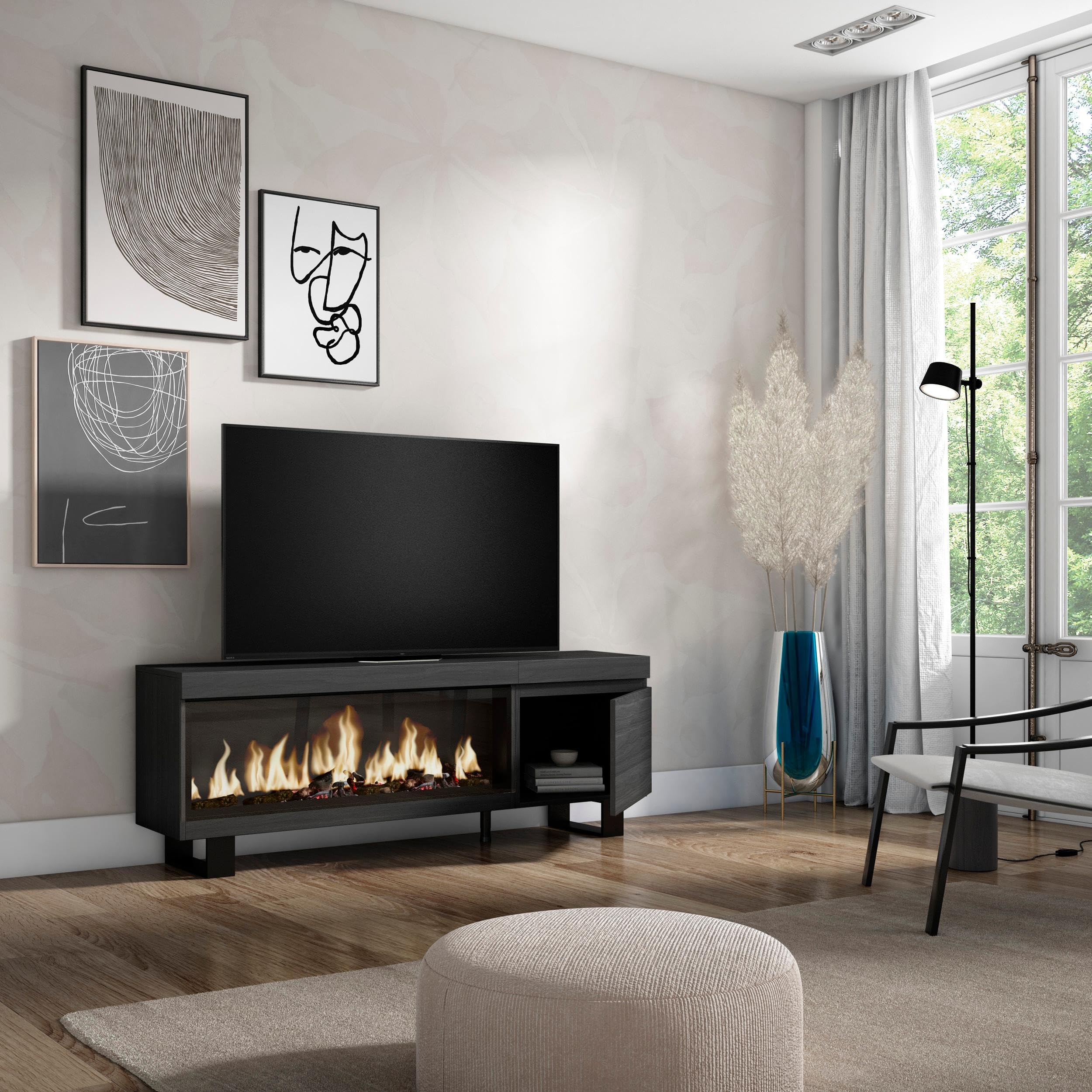 Skraut Home | TV-Schrank, Lowboard | für Wohnzimmer und Esszimmer | 160 | Für TV-Geräte bis zu 65" | Elektrokamin XXL | Industriedesign | Moderner Stil | Schwarz