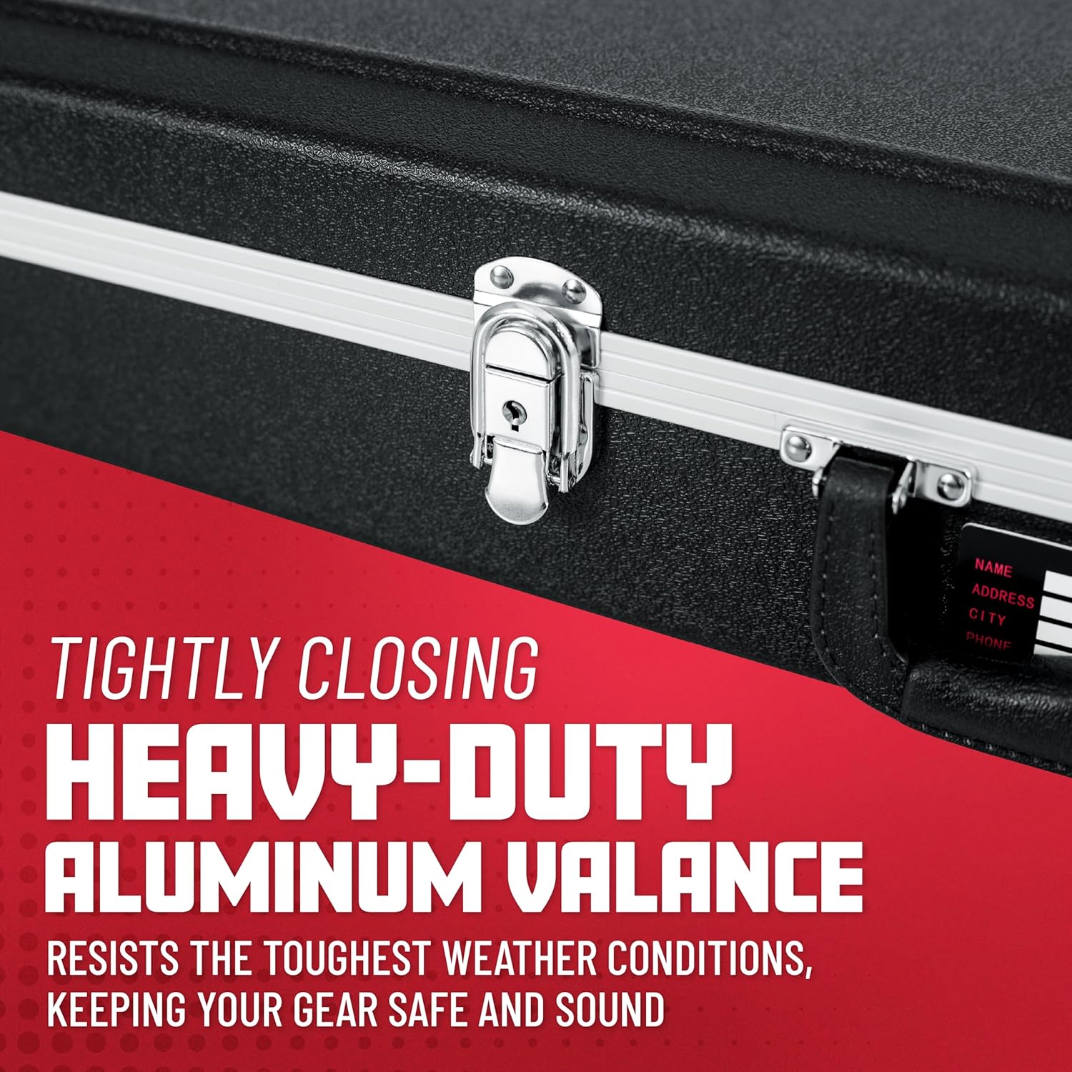 Close-up of the secure chrome-plated latches on the guitar case