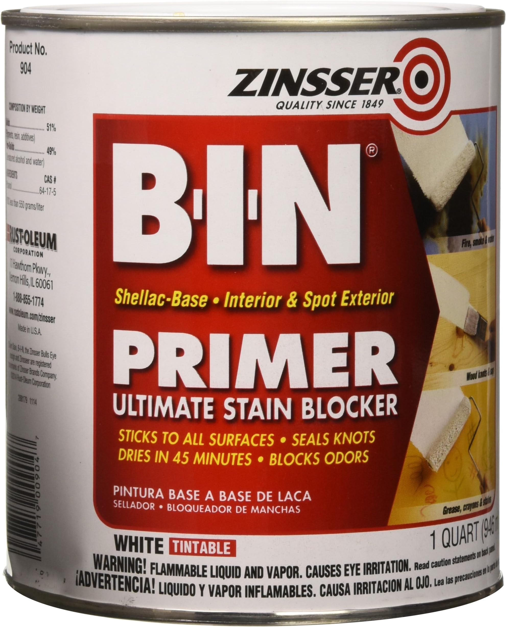Zinsser 00904 BIN Pigmented Shellac Oil PrimerSealer & Stain Killer