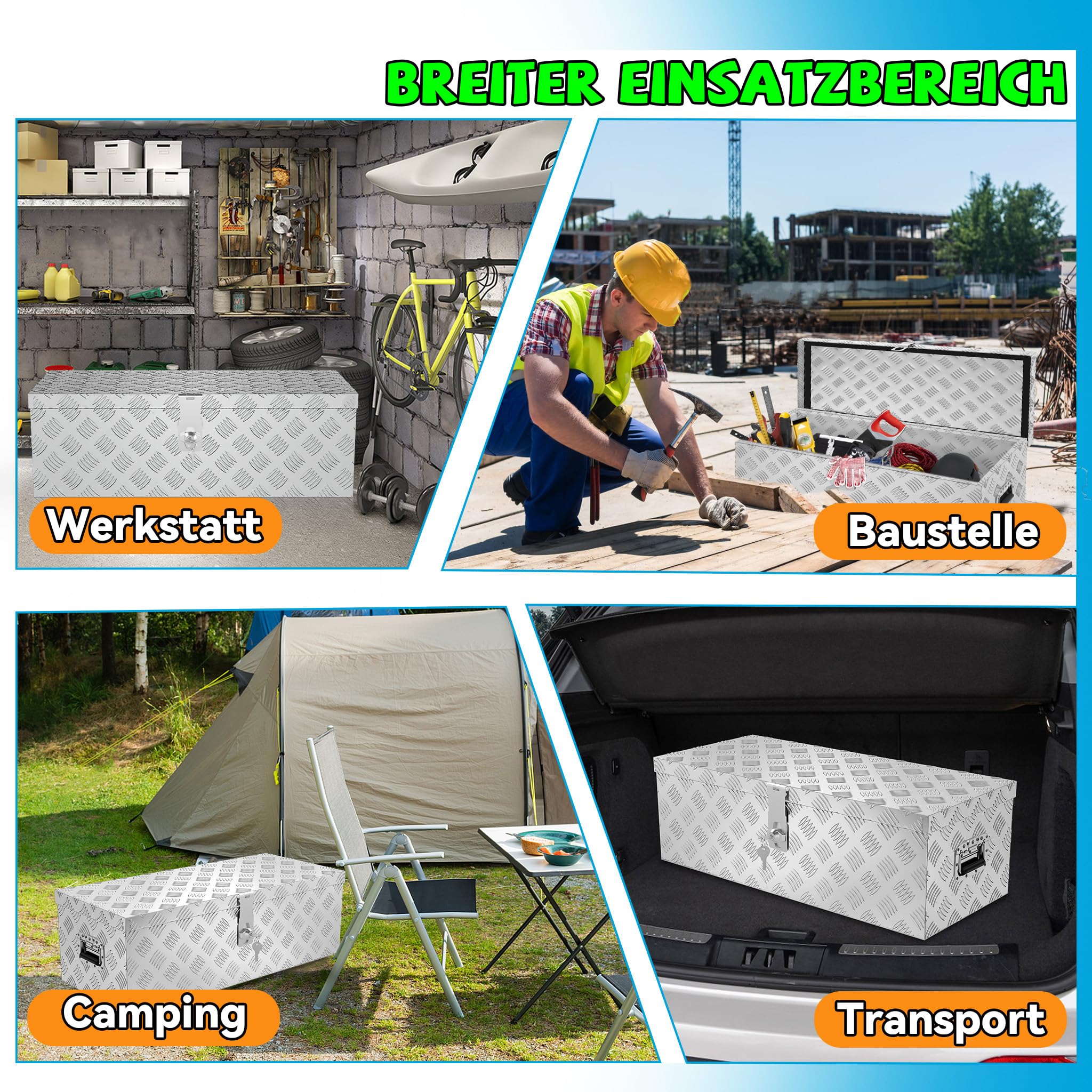Froadp Caja de aluminio con tapa, 800 x 220 x 225 mm, caja de herramientas con cerradura, impermeable, de aluminio, para herramientas, camping y almacenamiento (plata)