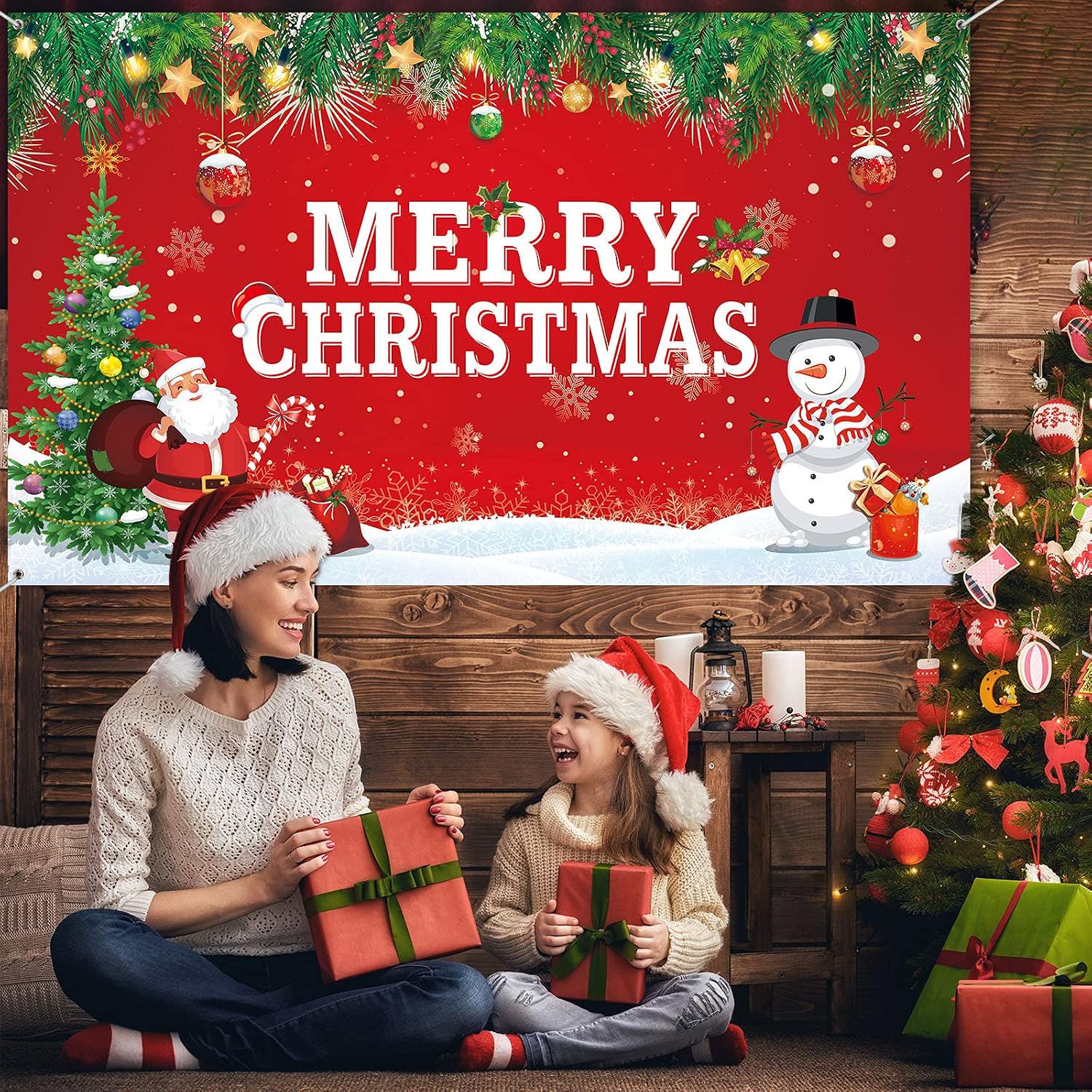 Merry Christmas Backdrop for Photography Banner Large Snow Wonderland Backdrop Winter Snowman Scene Xmas Santa Tree Background for Outdoor Indoor Christmas Decorations Party Gifts, 72.8 x 43.3 Inch