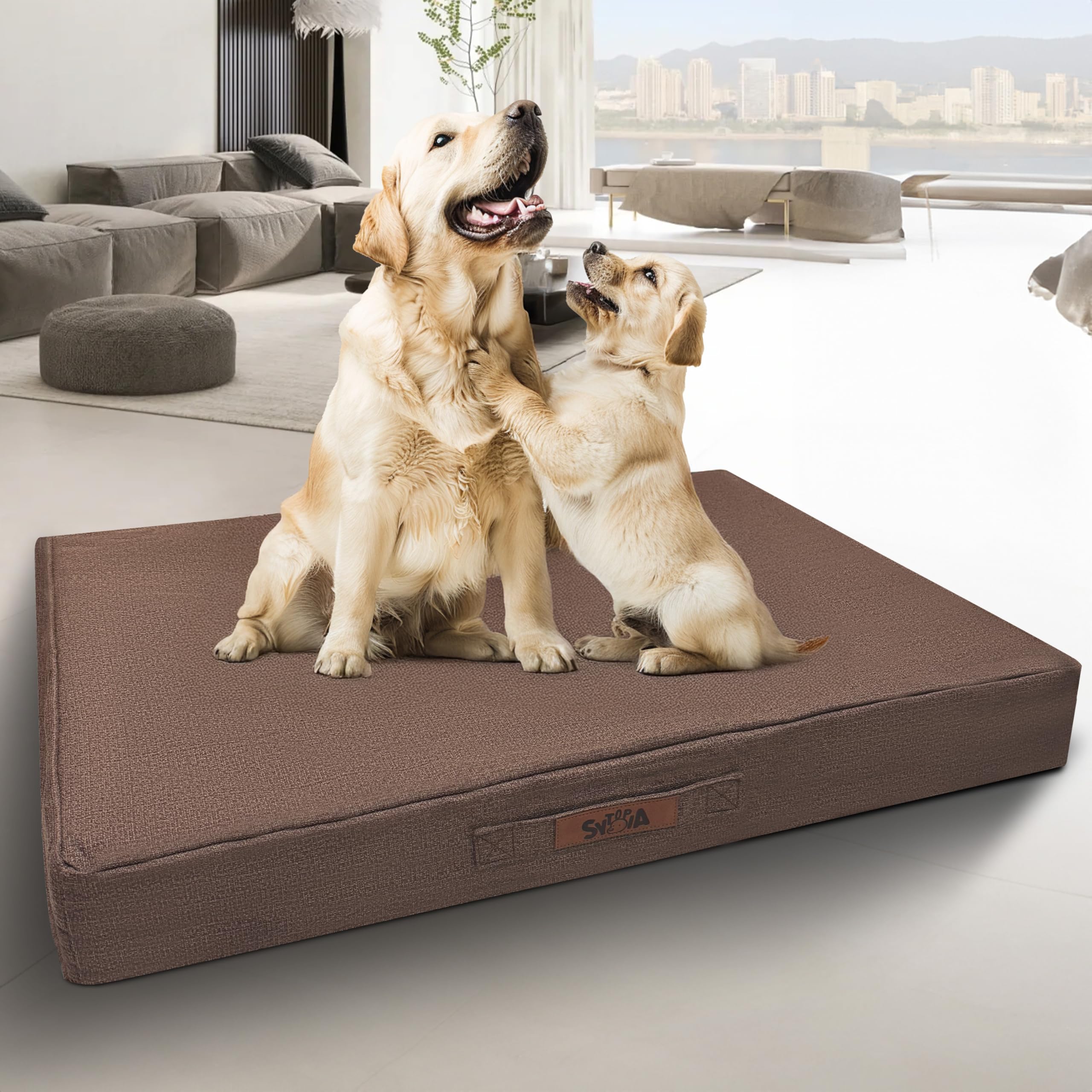 Sytopia Indestructible 42 Inch Orthopedic Waterproof Dog Crate Bed chew Proof for Extra Large Dogs, Removable Washable Cover, Egg Crate Foam Mat, Suitable for Dogs Up to 100 Lbs, Brown