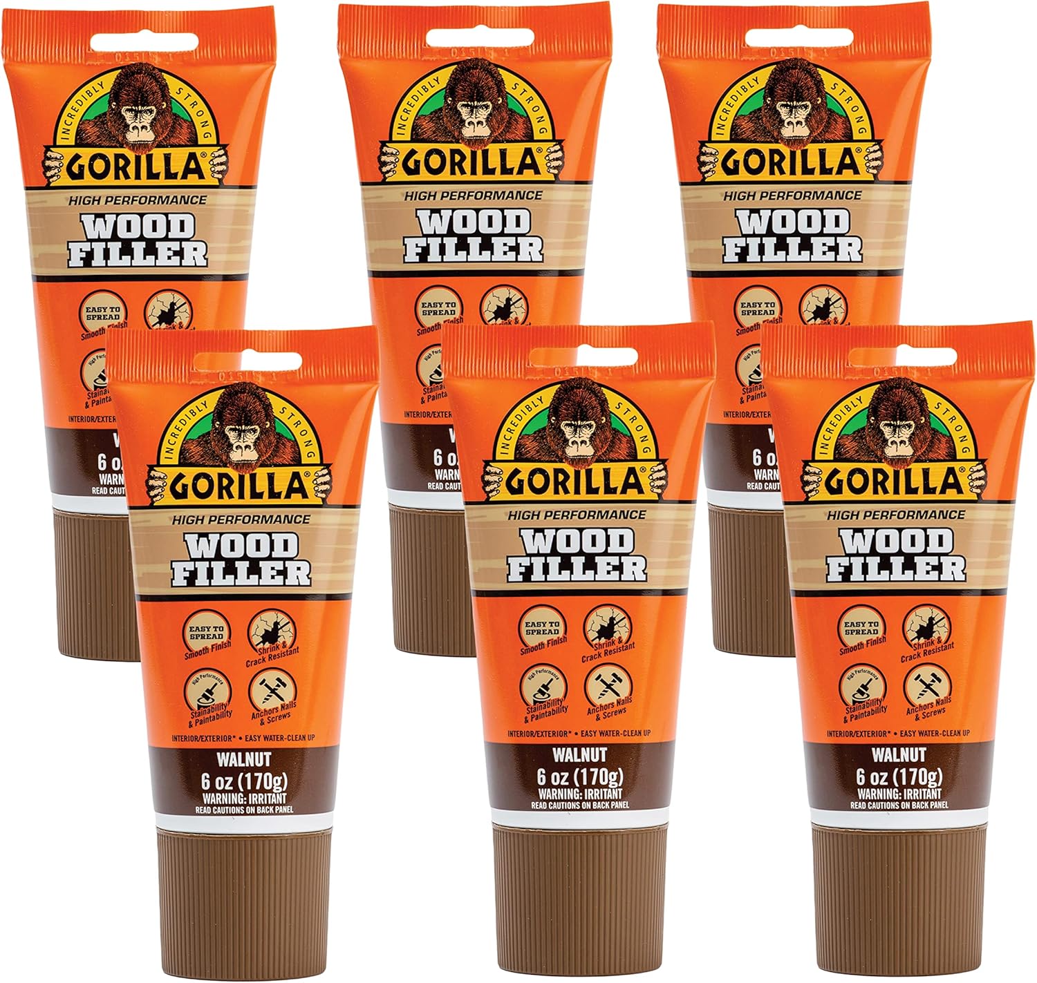 Gorilla All Purpose Wood Filler, 6oz Tube, Walnut (Pack of 6)