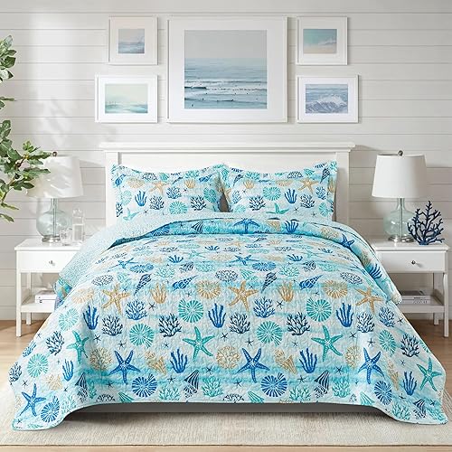 Vista 138 de NEWLAKE Juego de colcha de algodón, juego de colcha reversible de retazos, estampado real clásico turquesa, tamaño Queen Turquesa Clásico