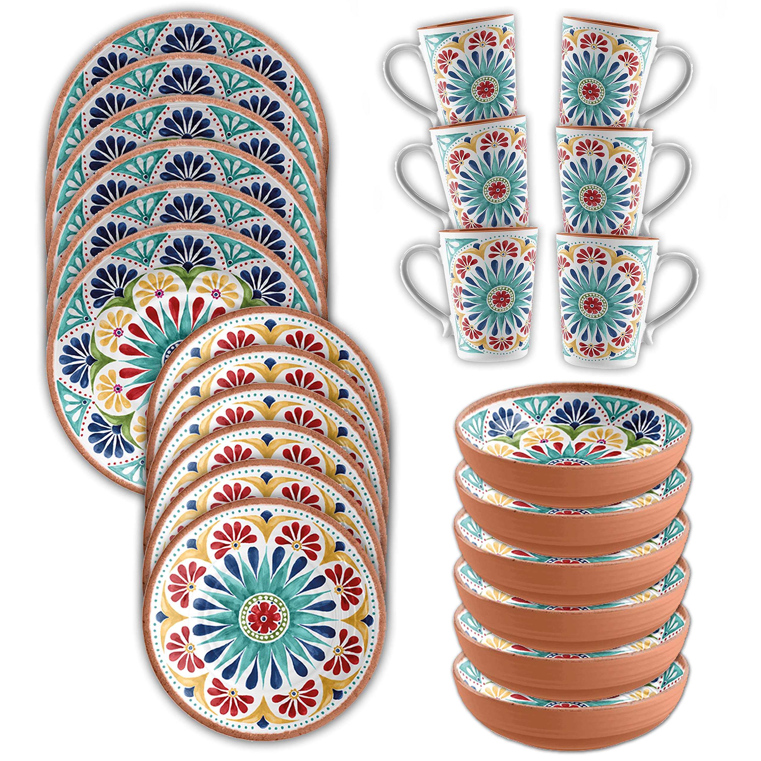 Patterned Outdoor Melamine Dinnerware Set with Mugs - Multicolour Camping/Picnic Plates Bowls Cups Set (24, Rio Medallion)