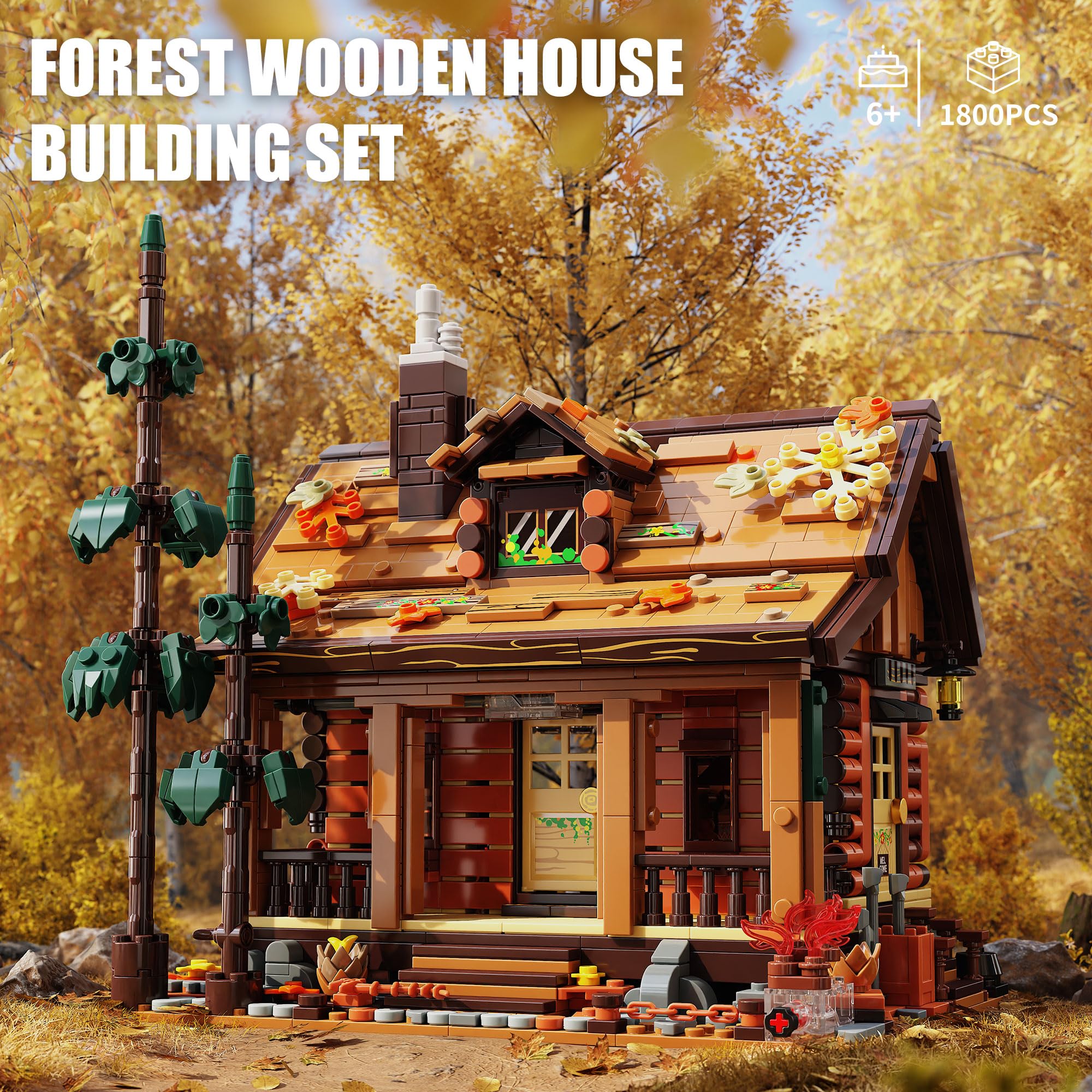 TGL Wood Cabin Building Blocks Set with Led Lights,Autumn House Building Toys,Log Cabin Construction Kits,Stem Forest Treehouse Model,Birthday Gift for for Adults and Boys Age 8-12(1969Pcs)