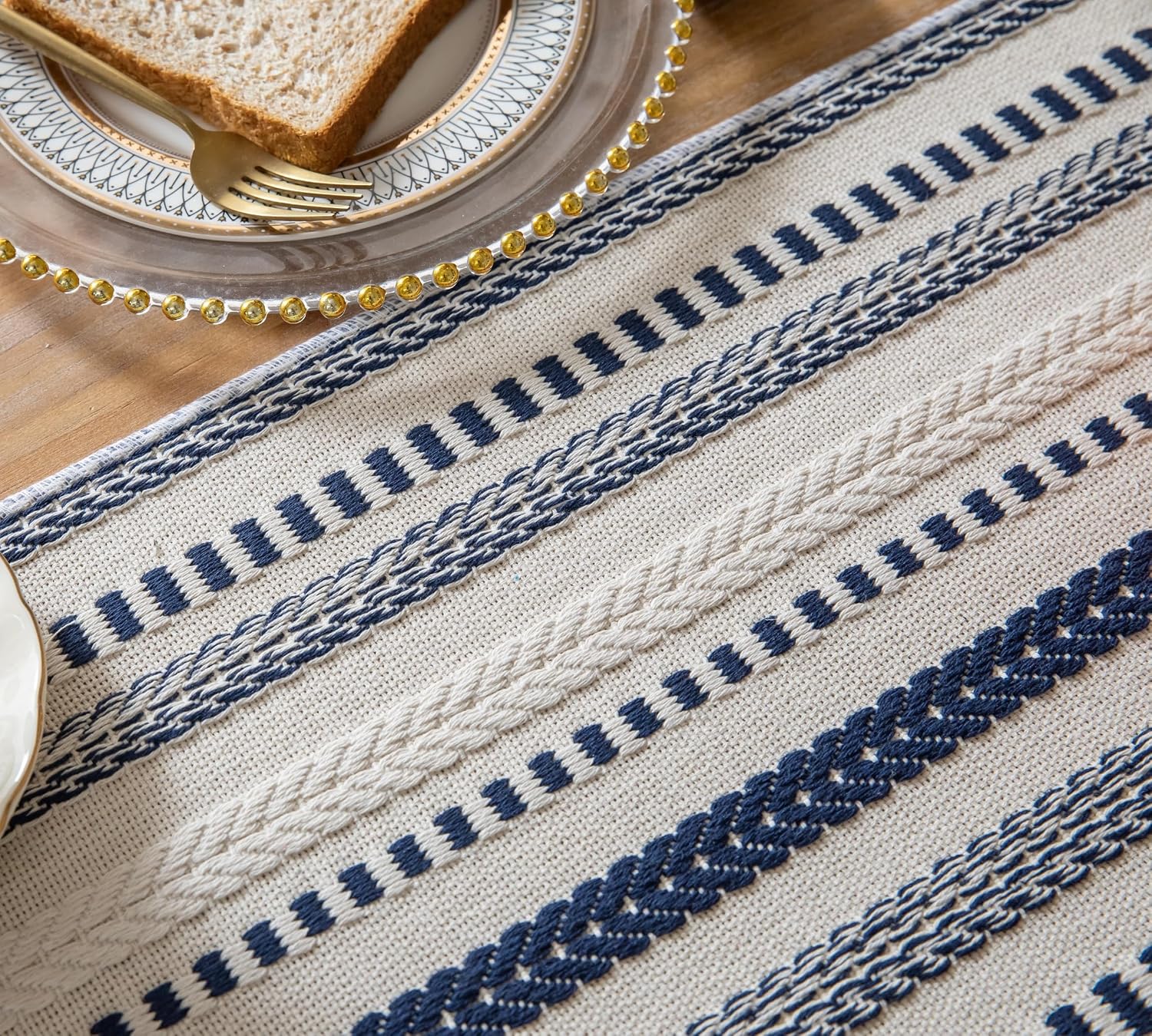 Caflife Boho Table Runner 90 Inchs Long, Navy Blue and Beige Cotton Linen Blend Woven Modern Rustic Farmhouse Decorative Dresser and Coffee Table Runner for Kitchen, Dining Room Home Decor