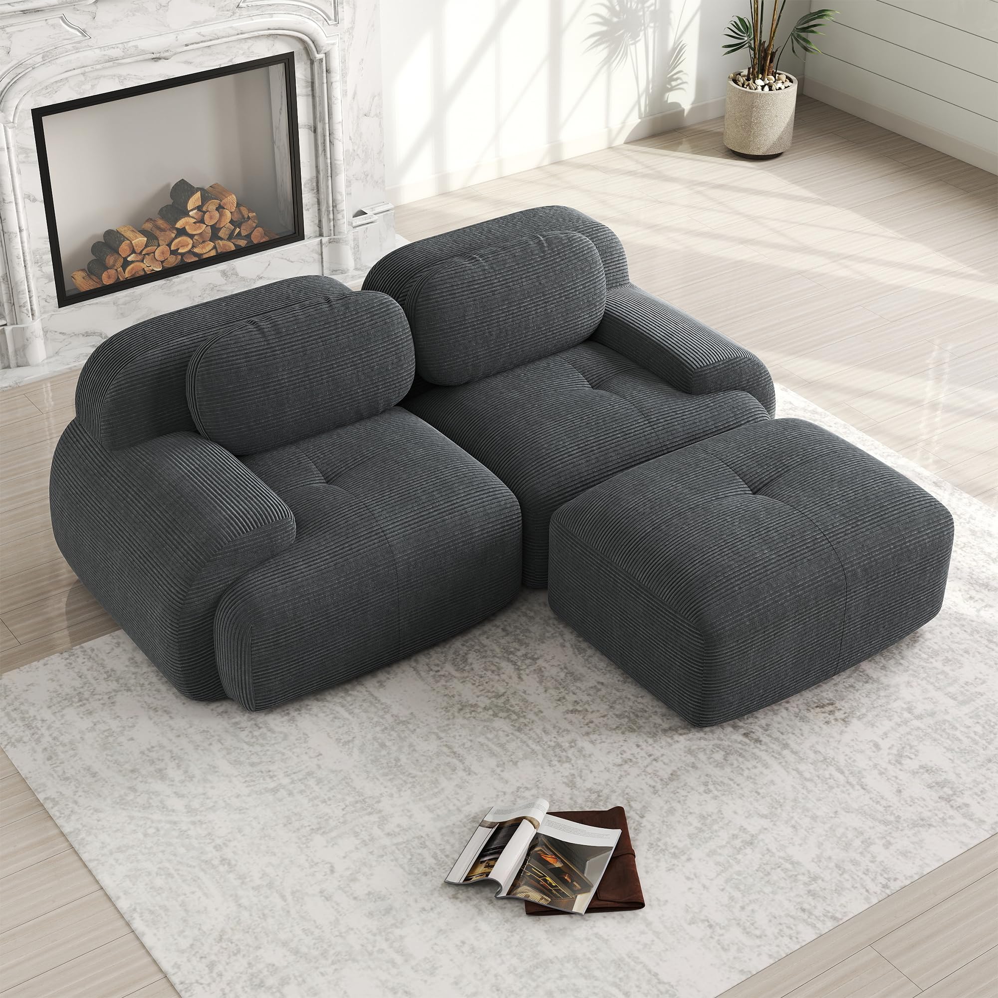 Bladez Modernes Cord Sofa Modulares L-förmiges Ecksofa Schlafsofa mit Ottoman Hocker, Ohne Montage, Cloud Polstersofa Couchs für Wohnzimmer (Grau, 2-Sitzer+1)