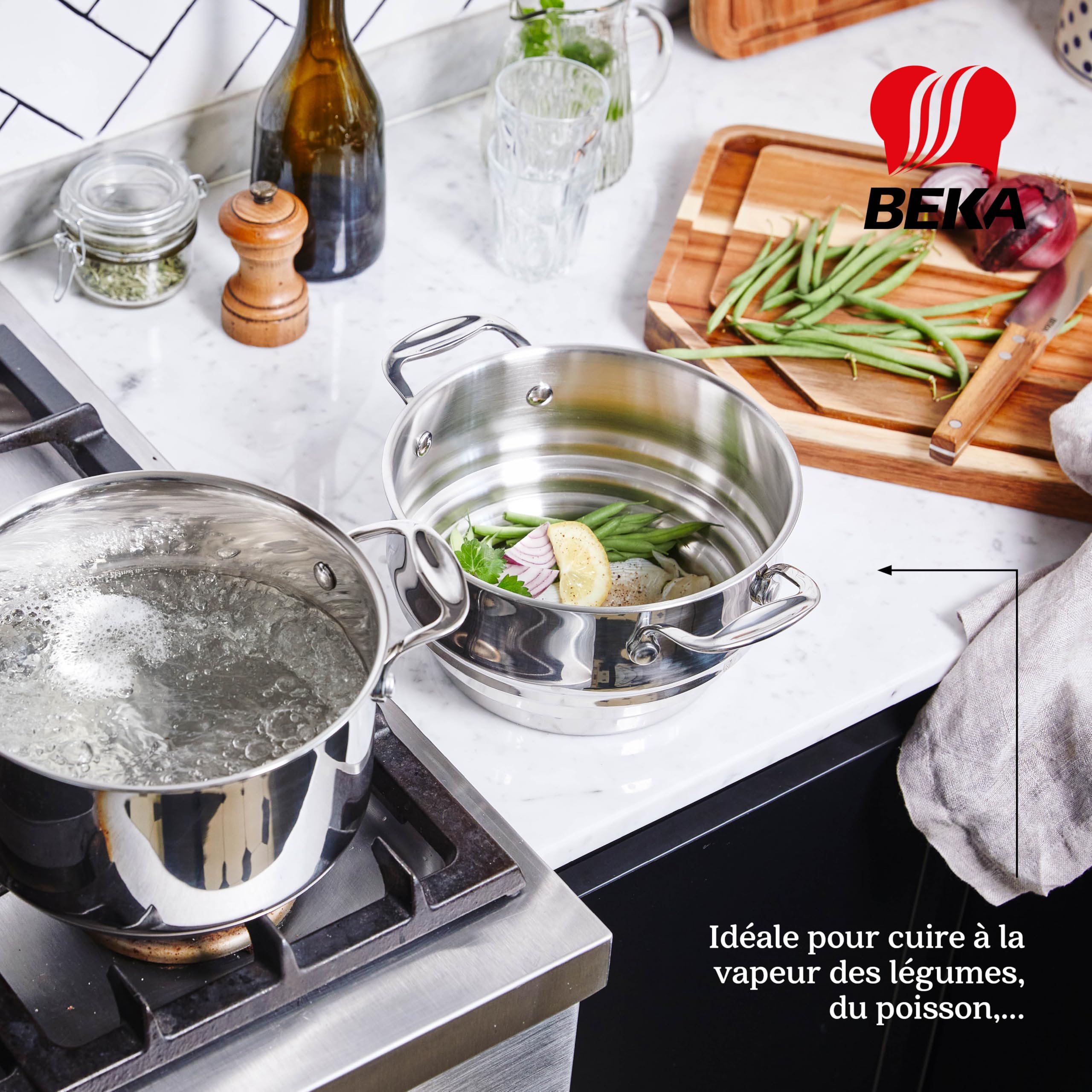 Beka Chef Panier Vapeur Inox 18/10 - Compatible Casseroles 16, 18 & 20 cm - Cuisson Saine Sans Matière Grasse