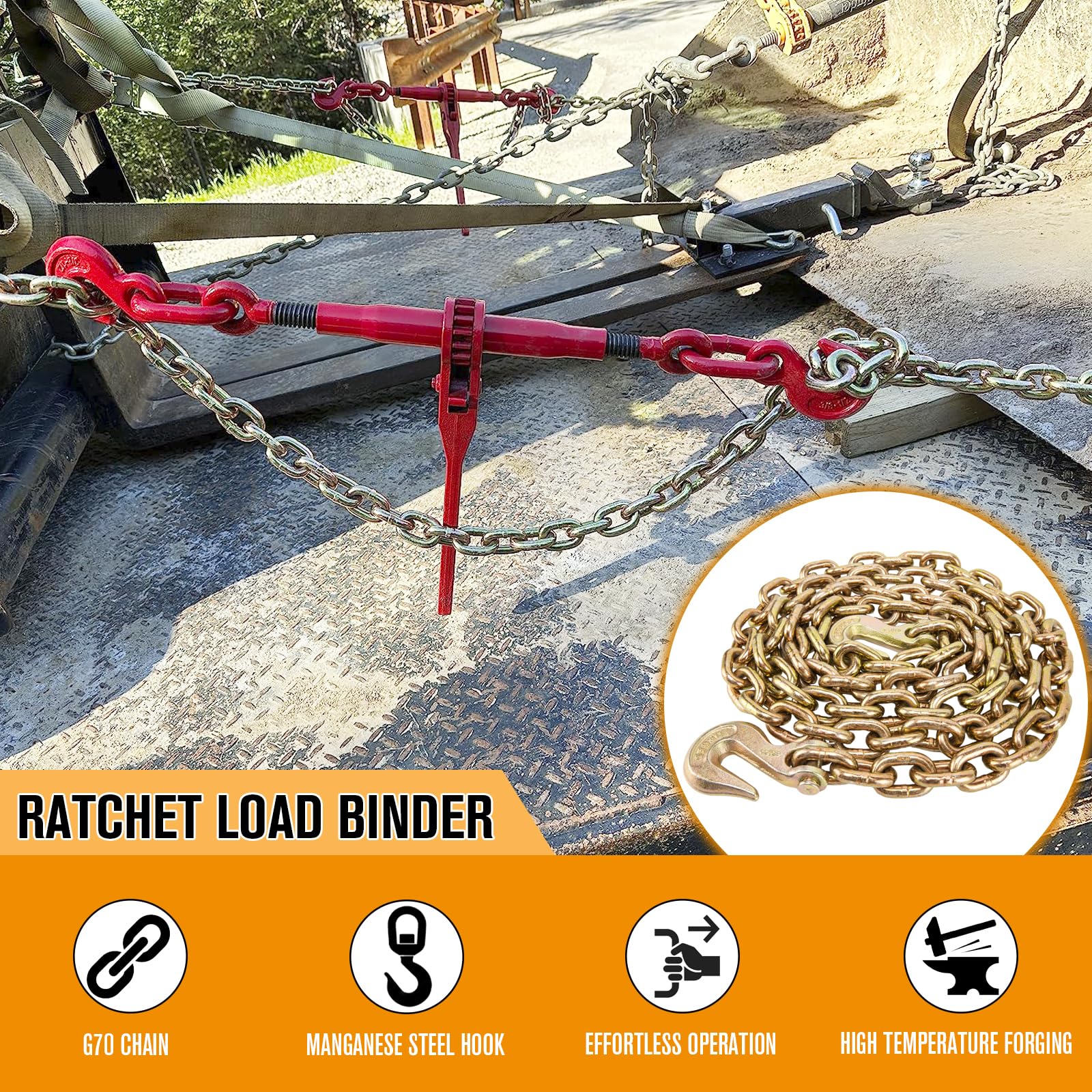 Kettenbinder, Transportkette, Spannkette und Bindemittel, 3/8 Zoll - 1/2 Zoll, 3 m Ketten mit G70 Haken, Ratschenlastbinder 4200 kg Arbeitsstärke, Abschleppkette für Flachbettanhänger, LKW
