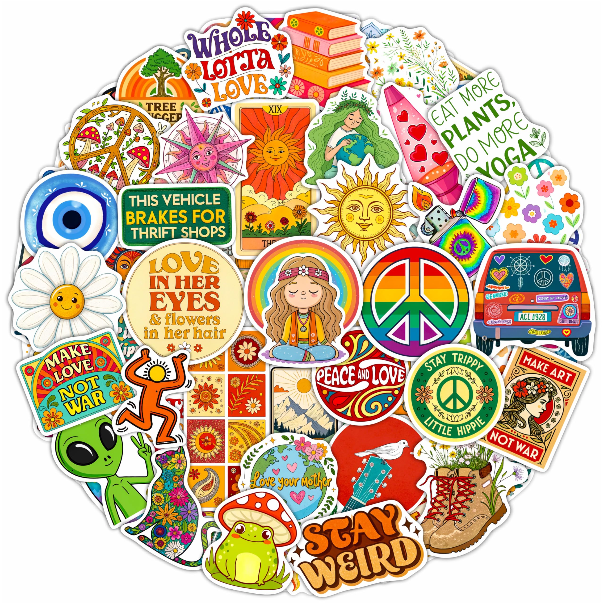 100Pcs Hippie Stickers for Phones, Water Bottles, Groovy Stickers Bulk for Laptop, for Water Bottle - Hippie Gifts, Party Favors & Decoration - Gift for Women & Men — image 1