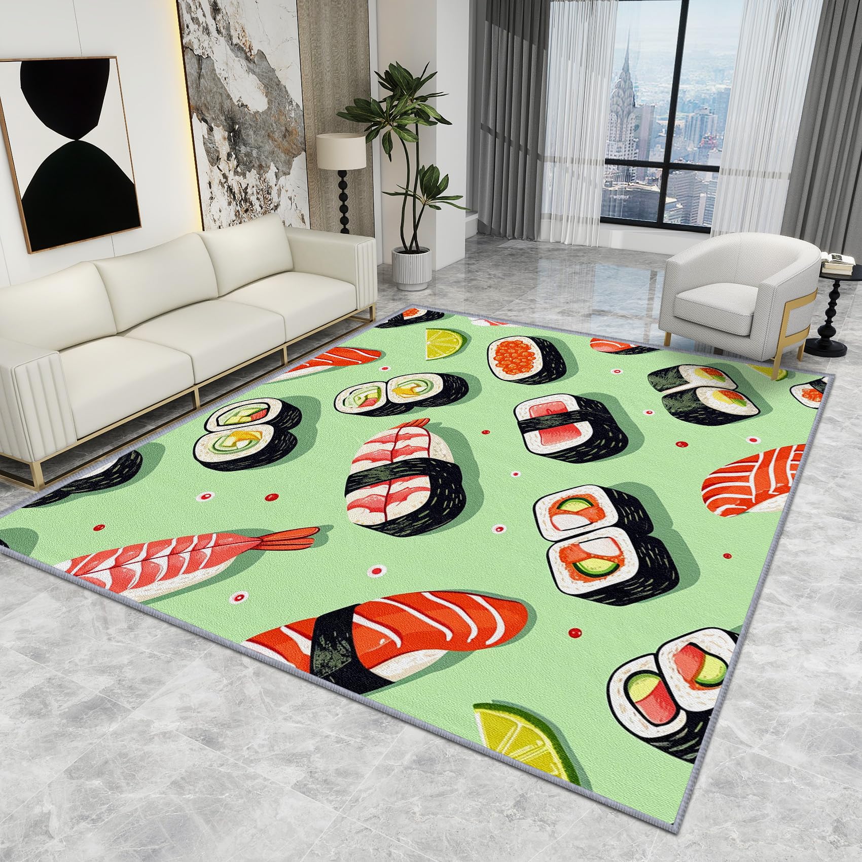 Japanese Rugs for Bedroom - Japanese Rug - Cute Cartoon Japan Sushi Rugs, Food Sage Green Carpet, Washable Rug Non Slip Low Pile Soft Large Area Rugs, Japanese Home Decor Gifts, 120 X 120 cm