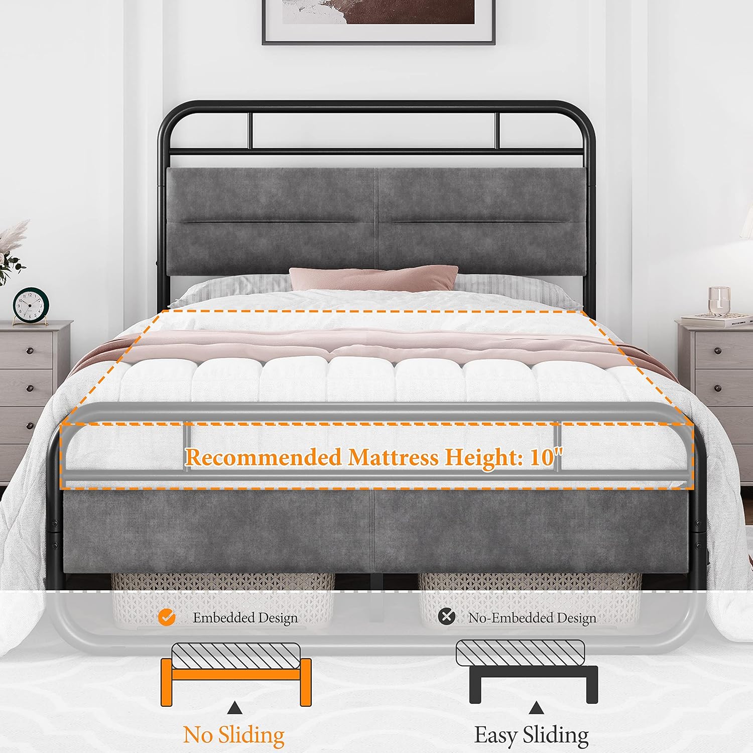 Close-up of the velvet fabric and foam cushion of the Yaheetech bed frame