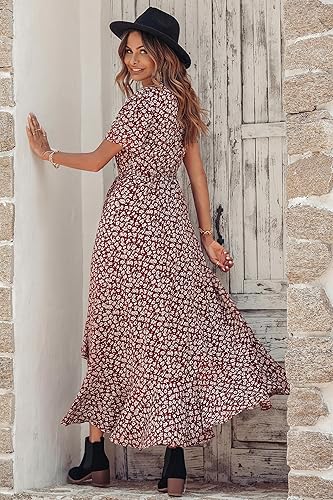 Miniatura 4 de PRETTYGARDEN - Vestido largo de verano para mujer con cuello en V, estilo bohemio, floral, manga corta, dobladillo con volantes, para playa,