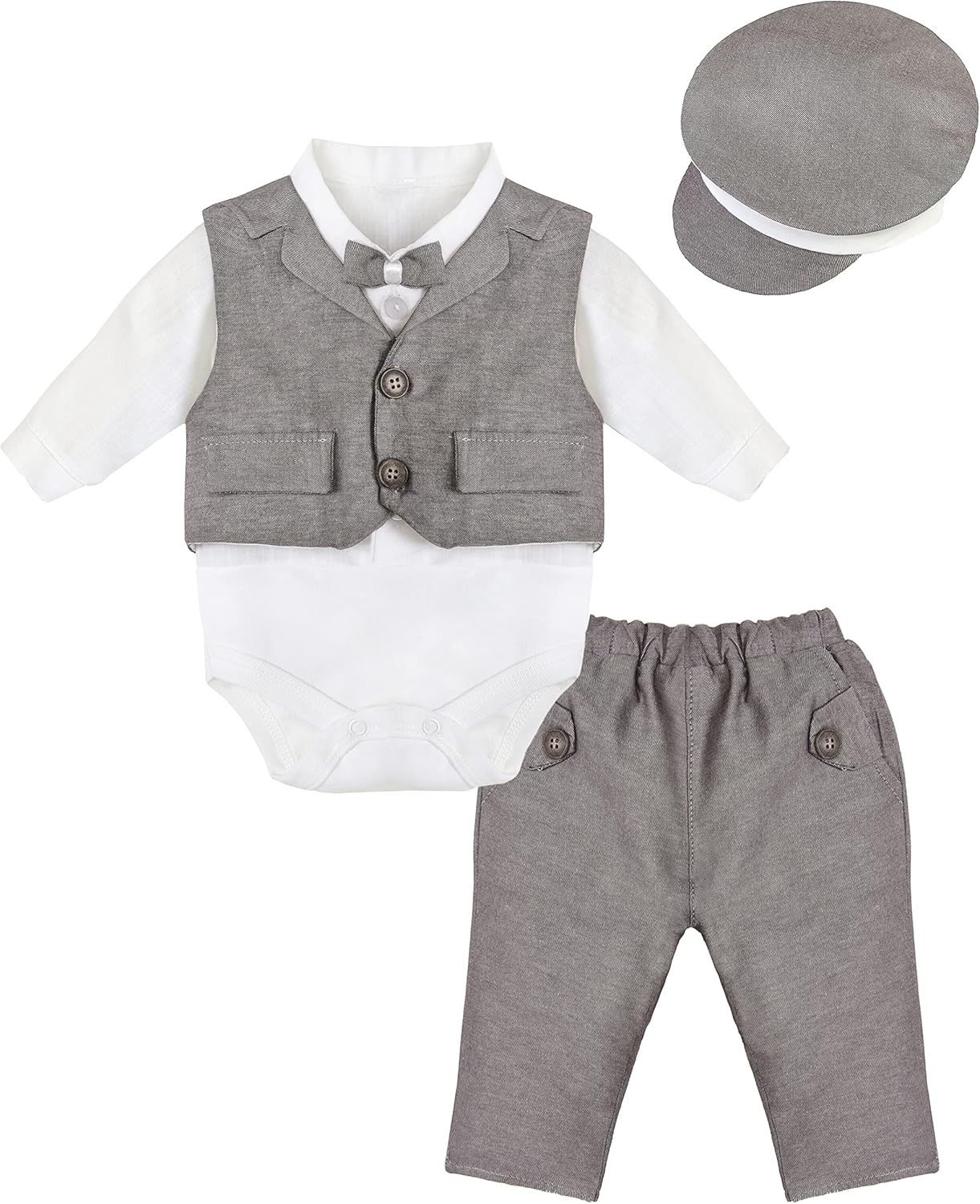 Lilax Baby Boy Tuxedo Gentleman Dress Shirt, Bowtie, Pant and Hat 4-Piece Cotton Suit Set