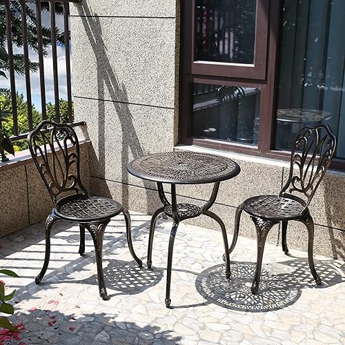 CG Juego de 3 piezas de bistró, juego de patio al aire libre, juego de mesa de bistró de aluminio fundido resistente a la oxidación para muebles de