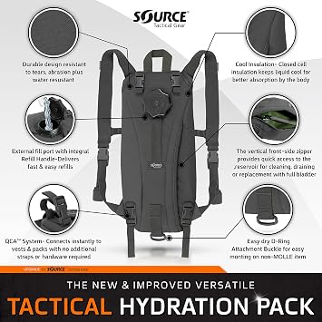 Source Tactical Hydration Pack - 3L WXP Widepac Water Bladder with External Fill Port - High-Flow Storm Drinking Valve - Dual Function: Backpack/MOLLE Mounted Modes