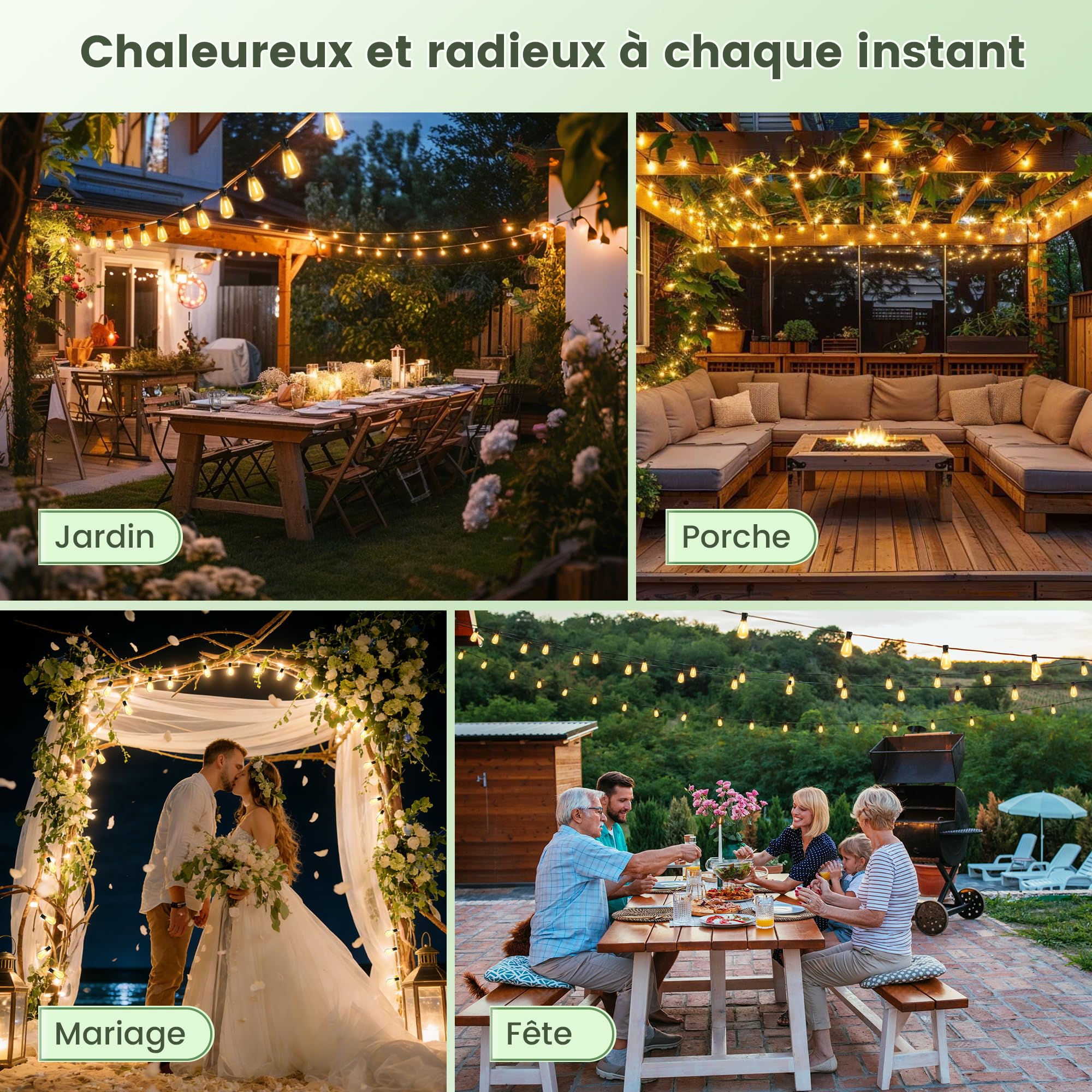 OHLUX Guirlande lumineuse solaire d'extérieur de 45,7 m avec télécommande, 62 ampoules LED S11 à intensité variable, étanchéité IP65, incassable, 2200 K, lampe suspendue E12 pour terrasse