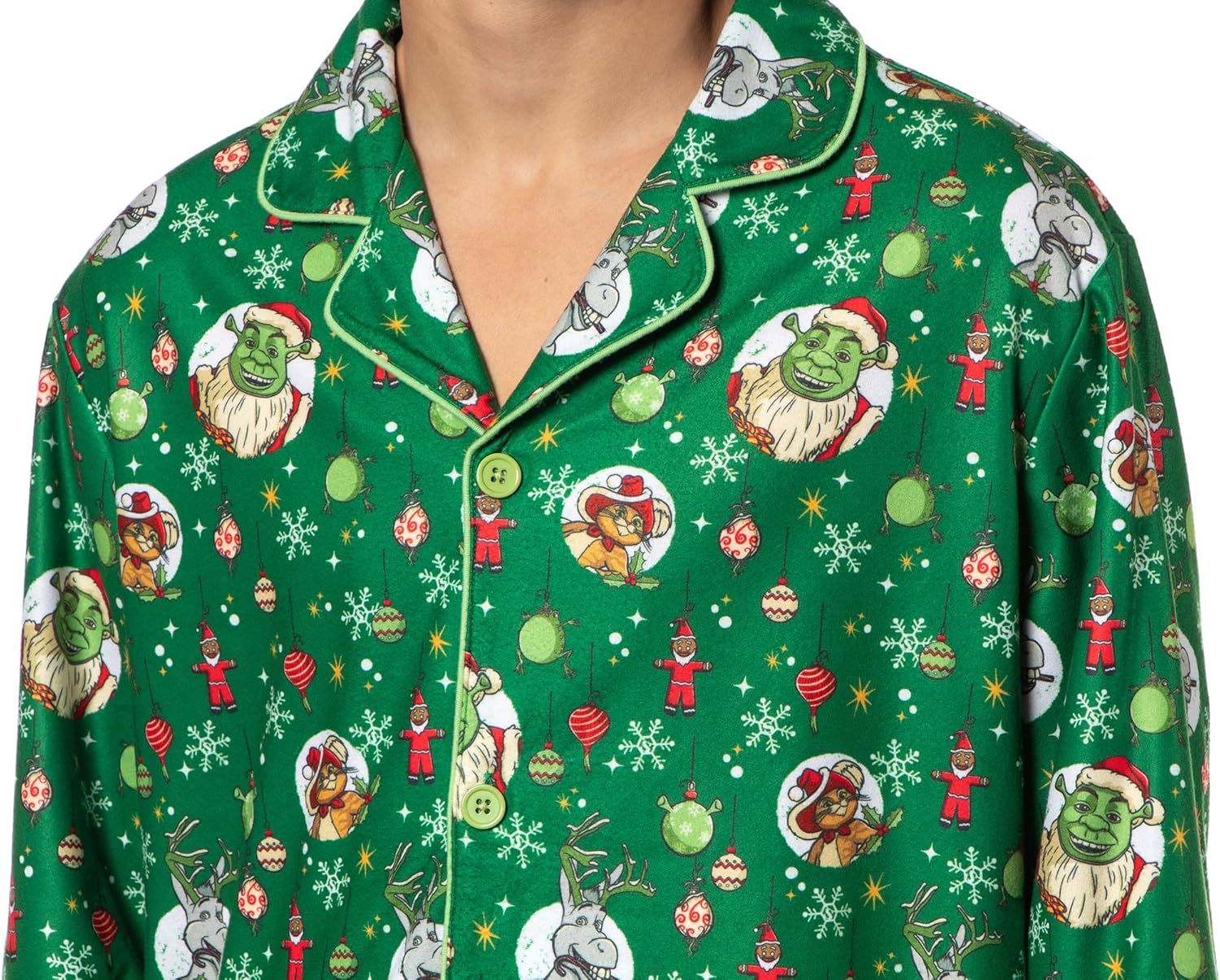 INTIMO Shrek Men's Christmas Donkey Puss in Boots Tossed Print Button Down Sleep Pajama Set - Image 2