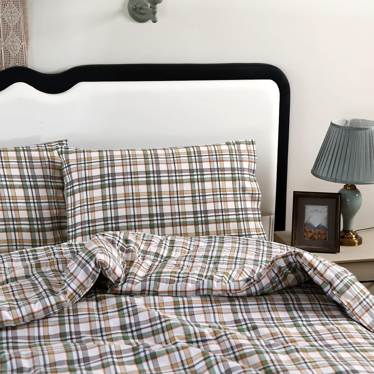 SDIII 3PCS Green Gingham Queen Comforter Set 100% Washed Microfiber Lightweight Green Gingham Bedding Queen Farmhouse Shabby Chic Checkered All Season