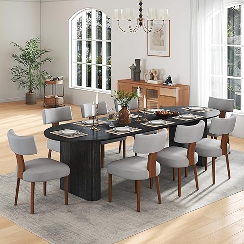 Miniatura 16 de Juego de mesa de comedor ovalada extensible de 59 a 90 pulgadas con 6 sillas de comedor con respaldo en T para 6 personas, moderna mesa de comedor