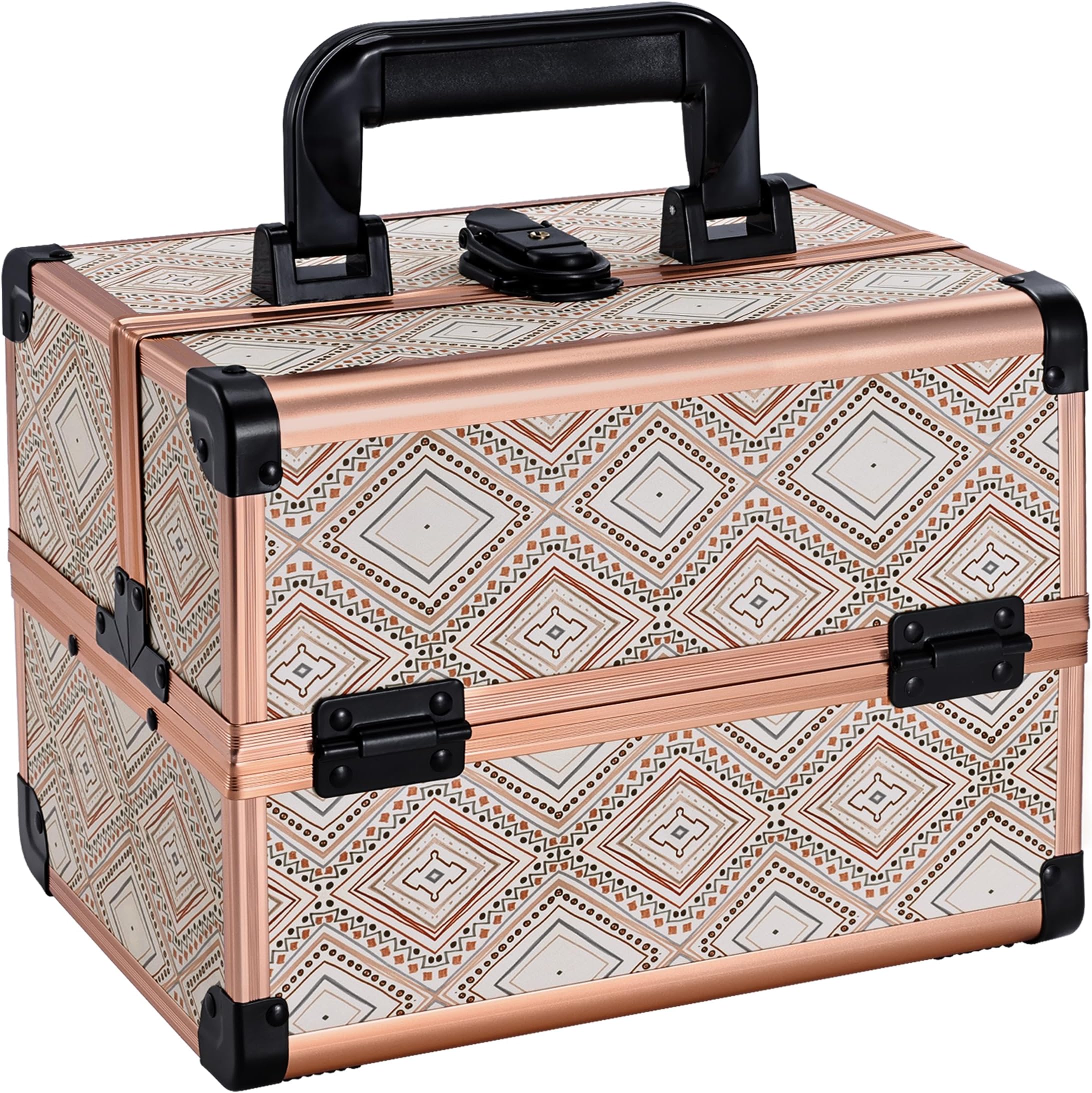 Joligrace Bohemian Makeup Train Case Portable Travel Cosmetic Box with Mirror 2 Trays Makeup Organizer Case for Cosmetics Supplies Nail Tech Toiletry Kits Traveling Makeup Storage