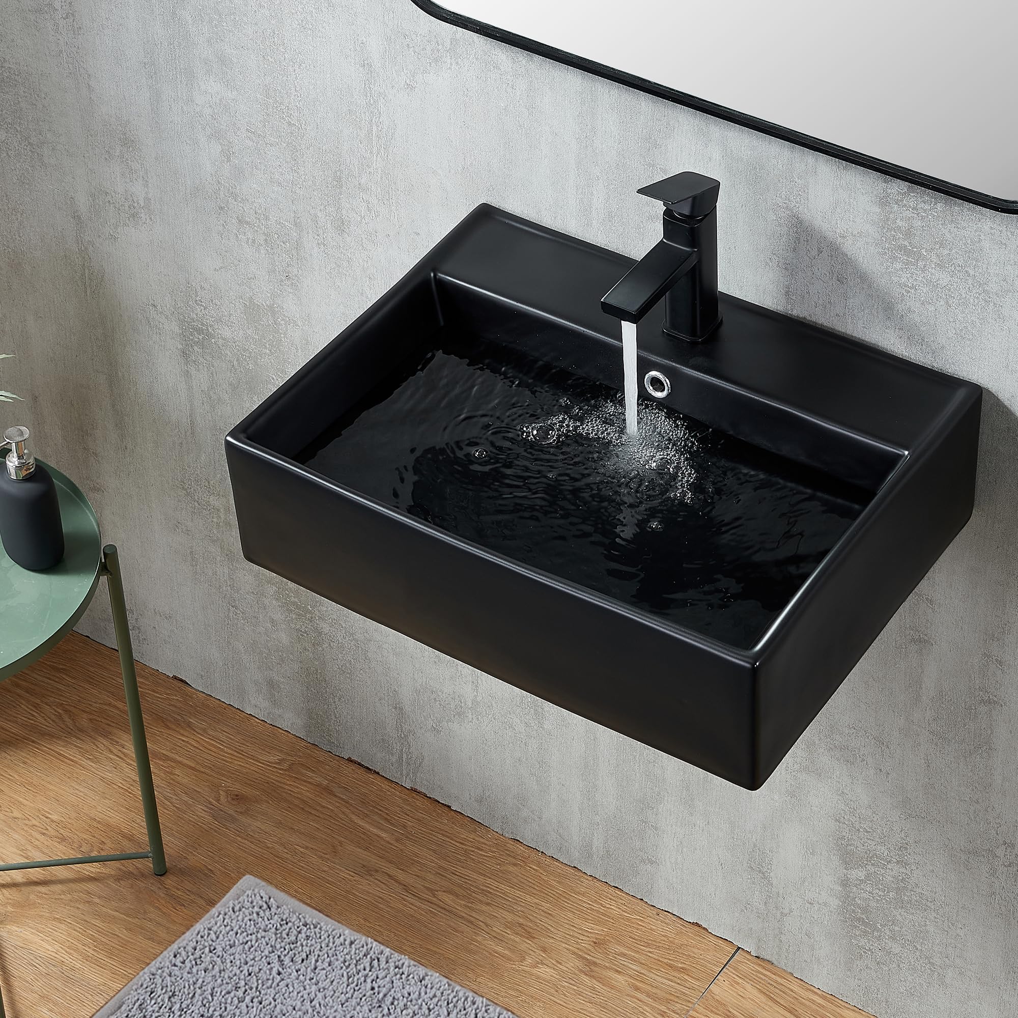 23" x 18" Wall Mount Sink Black, Rectangle Self Rimming Bathroom Vessel Sink, Porcelain Ceramic Wall Hung Floating Sink Art Basin with Single Faucet Hole and Overflow
