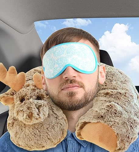 Miniatura 5 de DolliBu - Almohada de cuello de felpa de alce marrón, suave almohada de viaje para el cuello y la cabeza, bonito accesorio de almohada de peluche