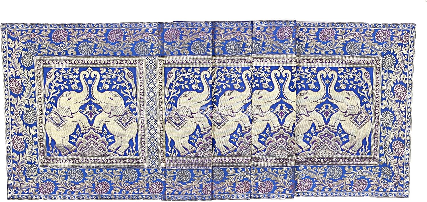 Brocade Jacquard Dining Table Runner Dark Blue Rectangular Bohemian Indian Home Decor Elephant Floral Ethnic Coffee Table Cloth | 60x16 Inches (152 x 40 cm)