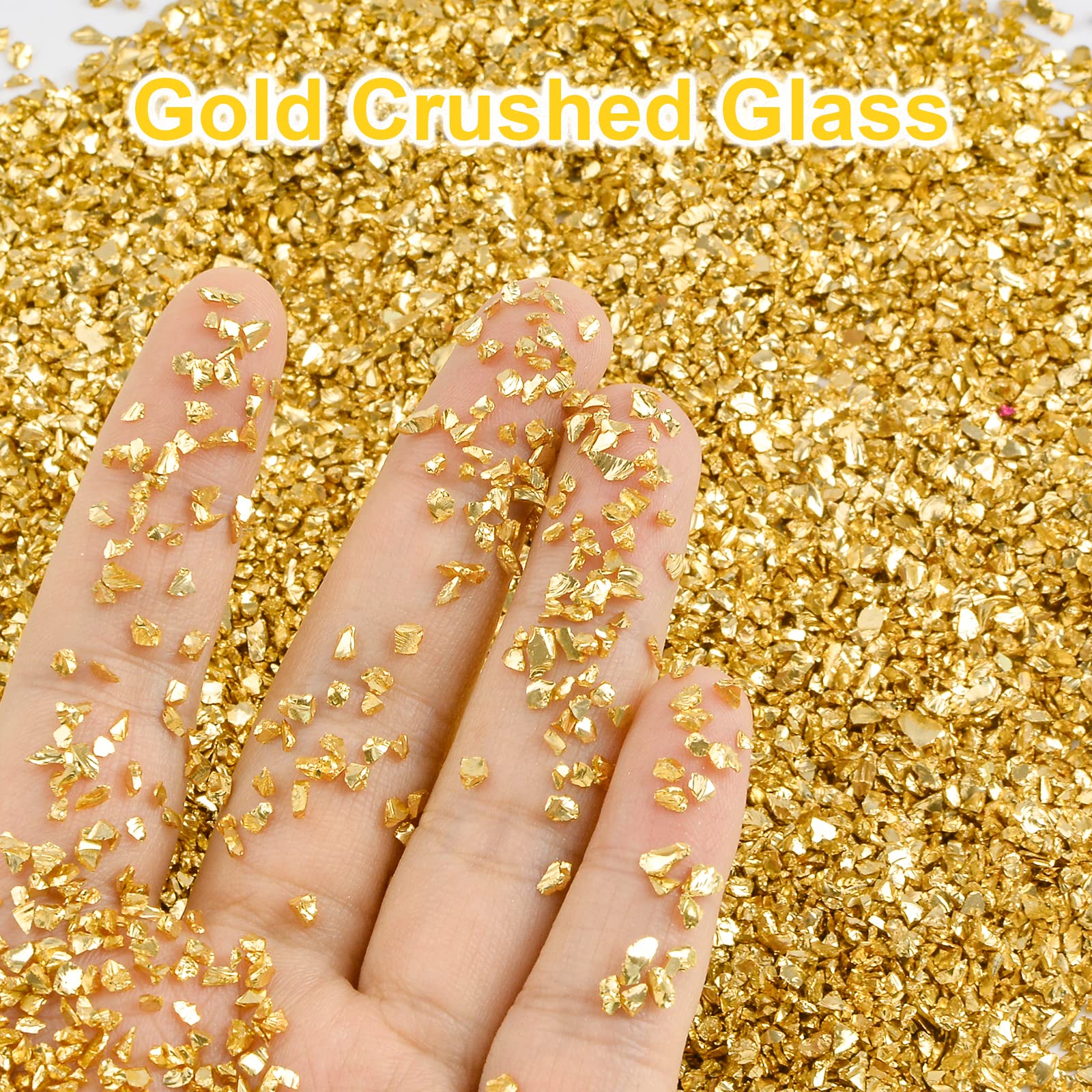WANDIC Vetro frantumato, 200 grammi, 2-4 mm, in vetro frantumato dorato, irregolari metallizzati, riempitivi per creazioni in resina, nail art, pittura