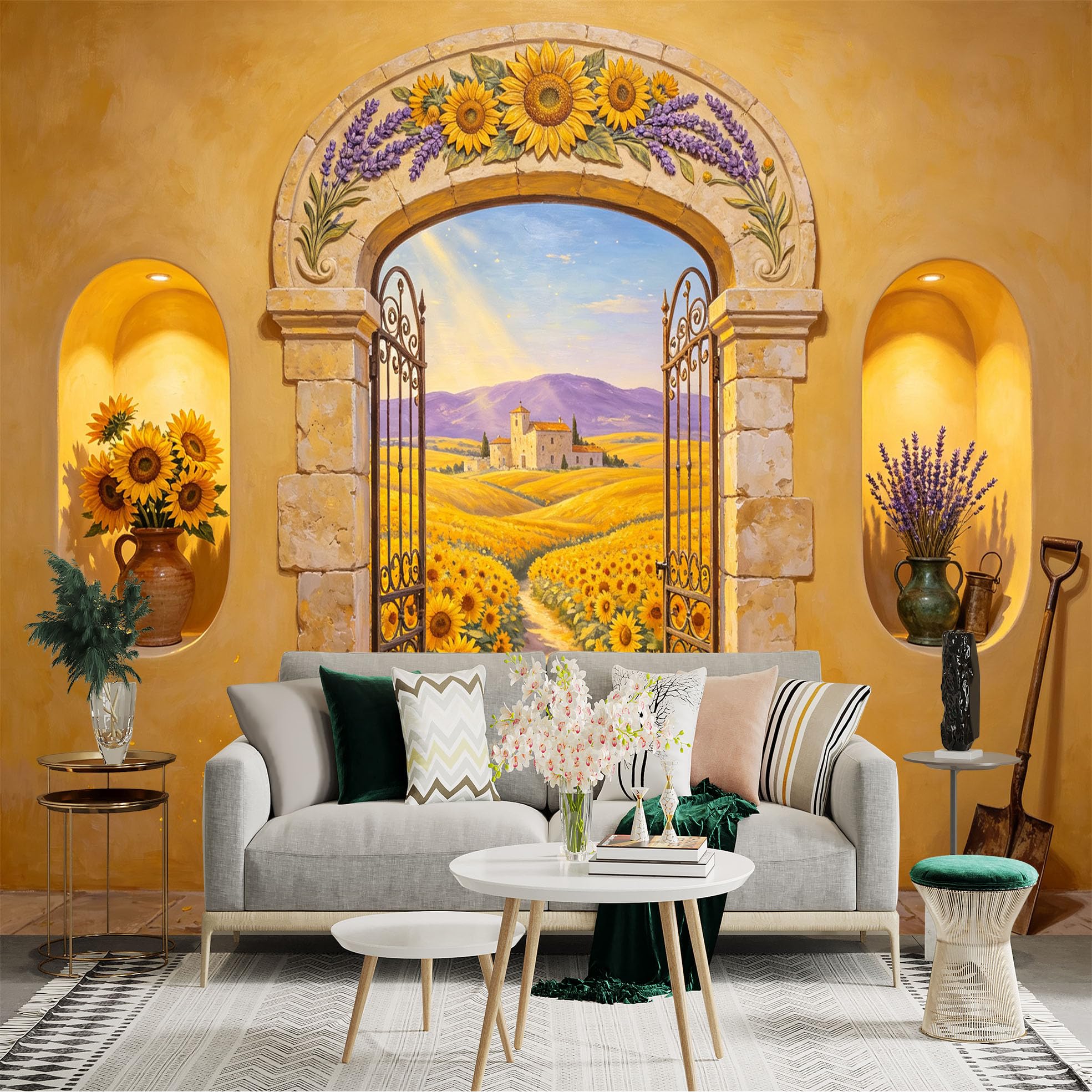 Custom Size Wall Sticker Mural， Rustic Sunflower Field Stone Archway Lavender Landscape， for wall Decoration， peelandstick wall Decals.