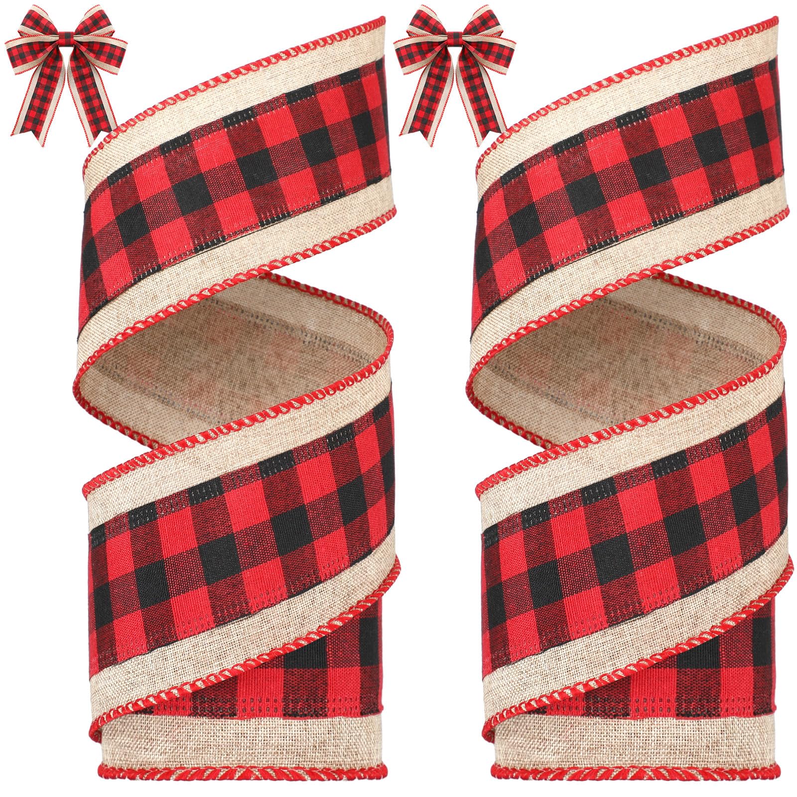2 Rollen Weihnachts-Büffelkariertes Bänder, Jute, Drahtrand, kariertes Gingham-Stoff, Bastelband für DIY-Schleifen, Verpackungsdekoration, 6 m lang (schwarz-rot, 6 cm breit)