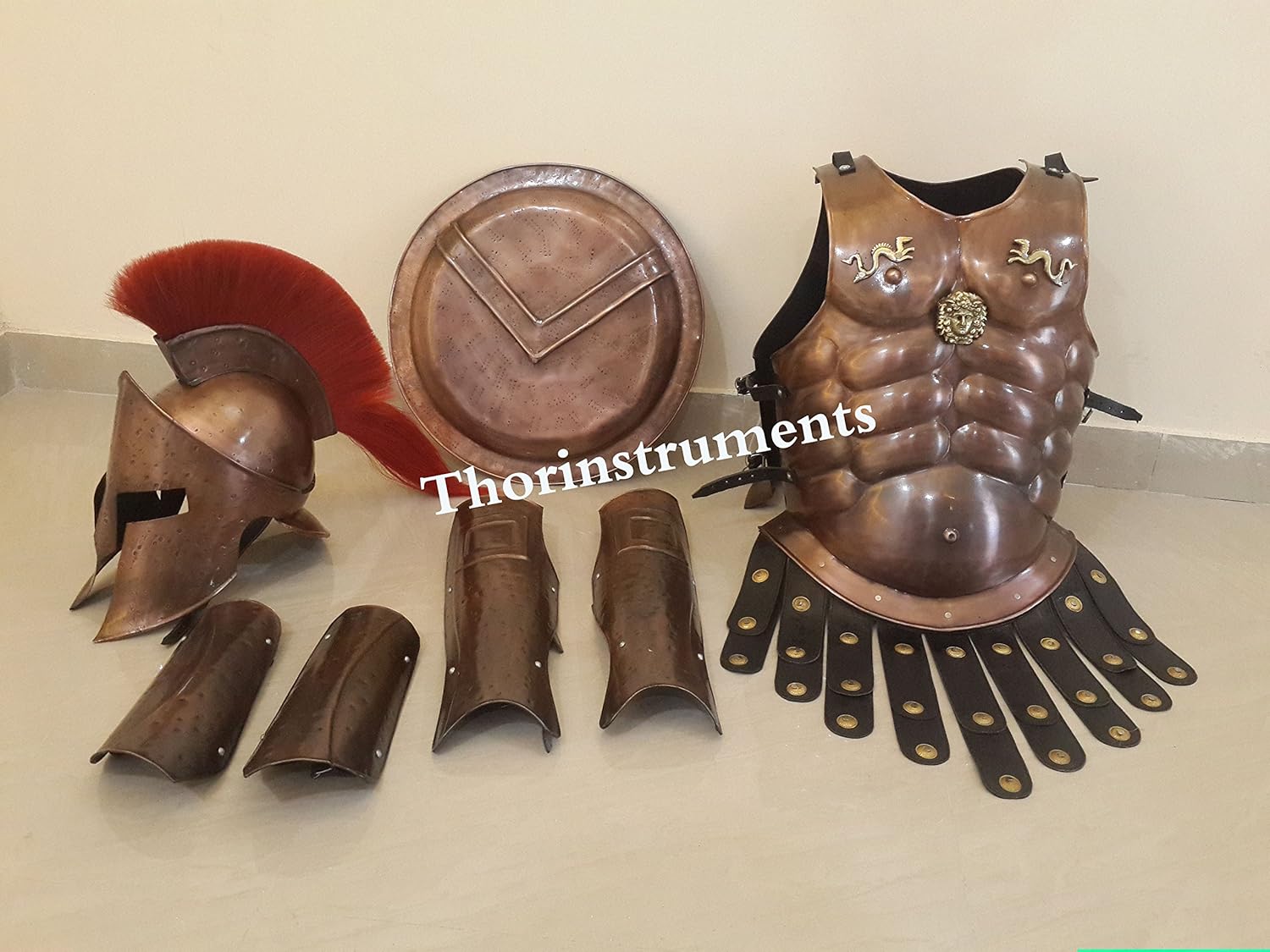 THOR INSTRUMENTS Medieval King Spartan Copper 300 Helmet W/RED Plume Muscle Jacket Leg ARM Guards Rustic Vintage Home Decor Gifts