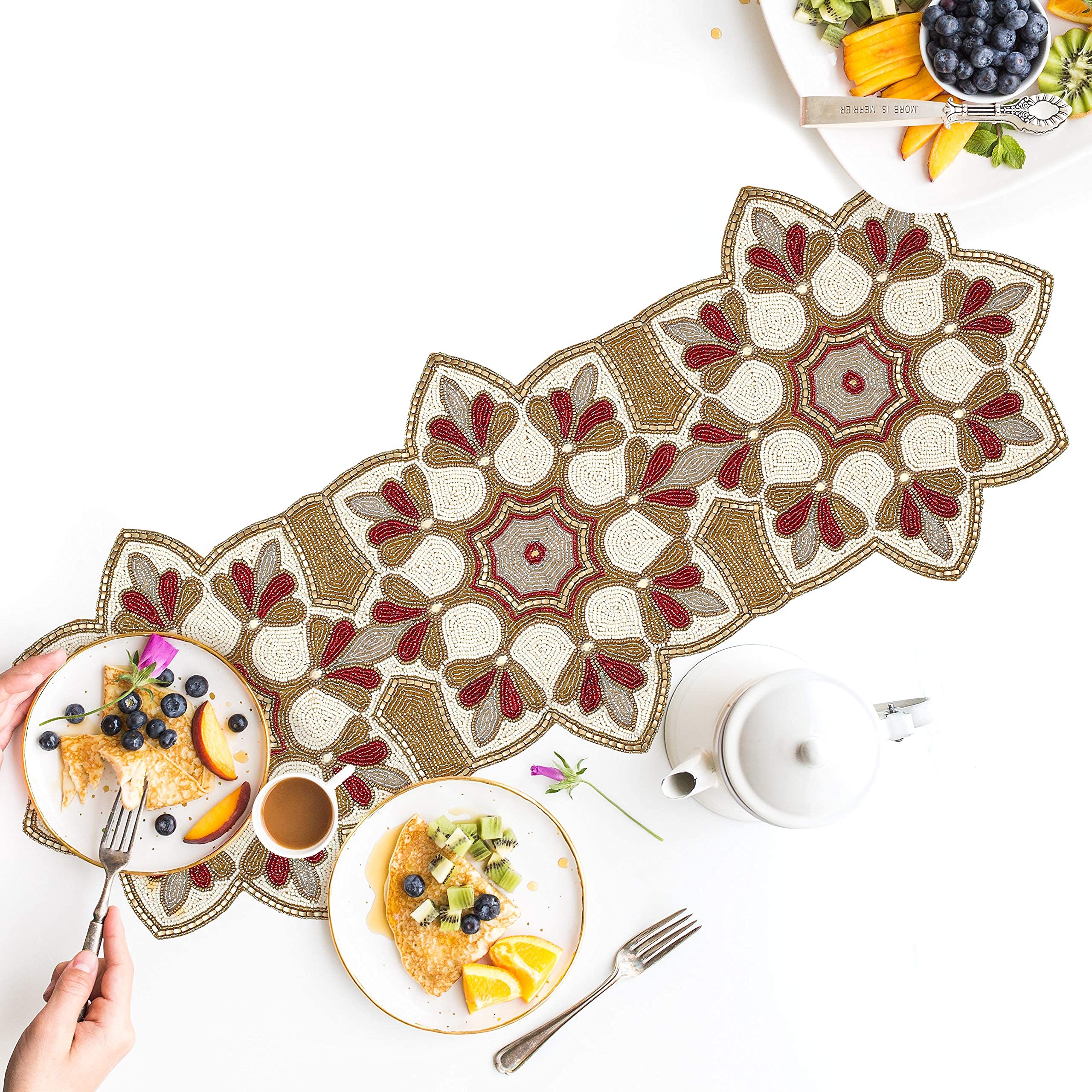 Camino De Mesa Con Cuentas Life By Cotton - 33x91 Cm, Gris Marfil, Decoración De Granja Para Cena De Navidad Y Eventos Especiales
