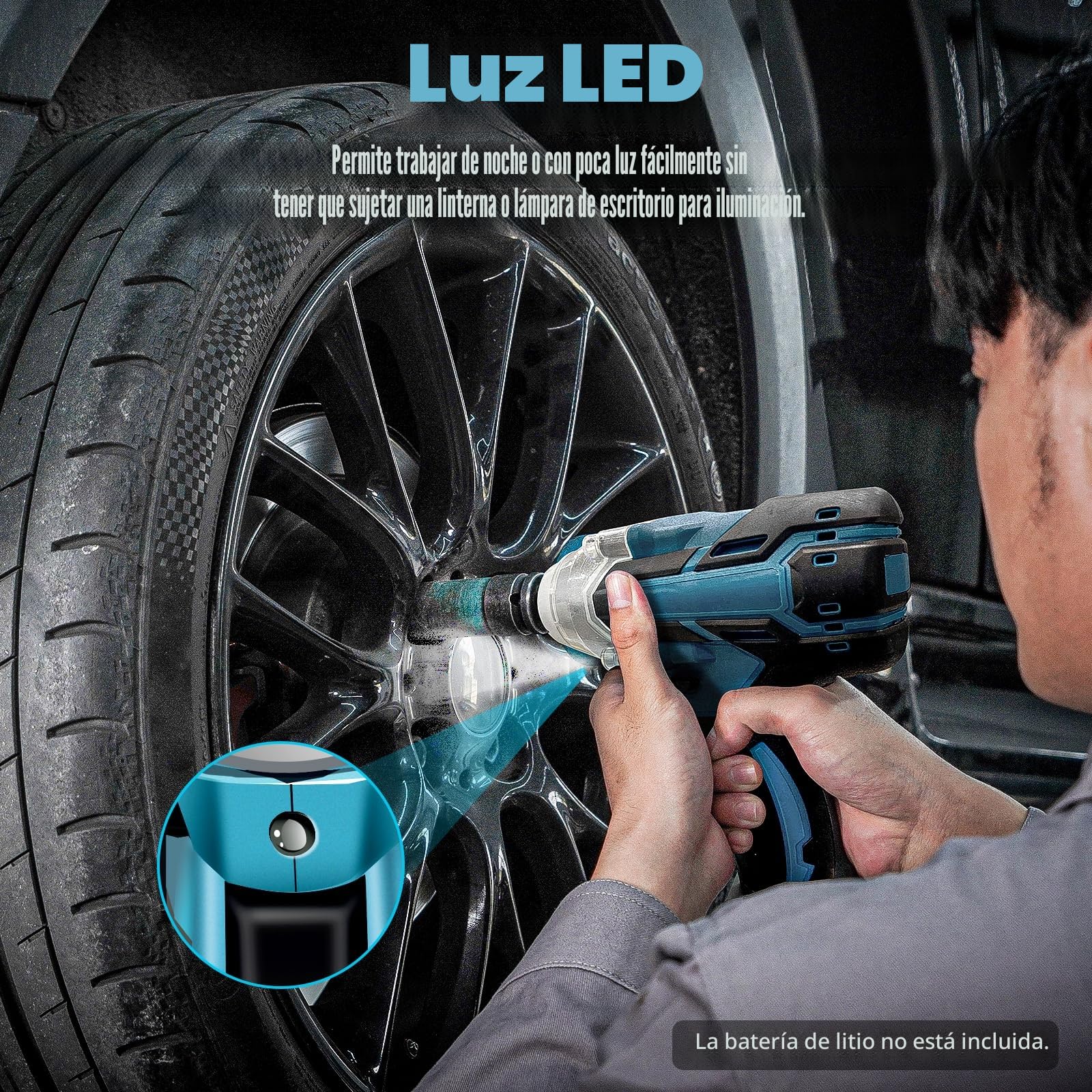 Llave de impacto eléctrica de 18 V, 1/2 ‘cuadrada, batería sin escobillas, par de torsión, 350 Nm con luz LED, 0-4000 rpm (sin batería ni cargador)