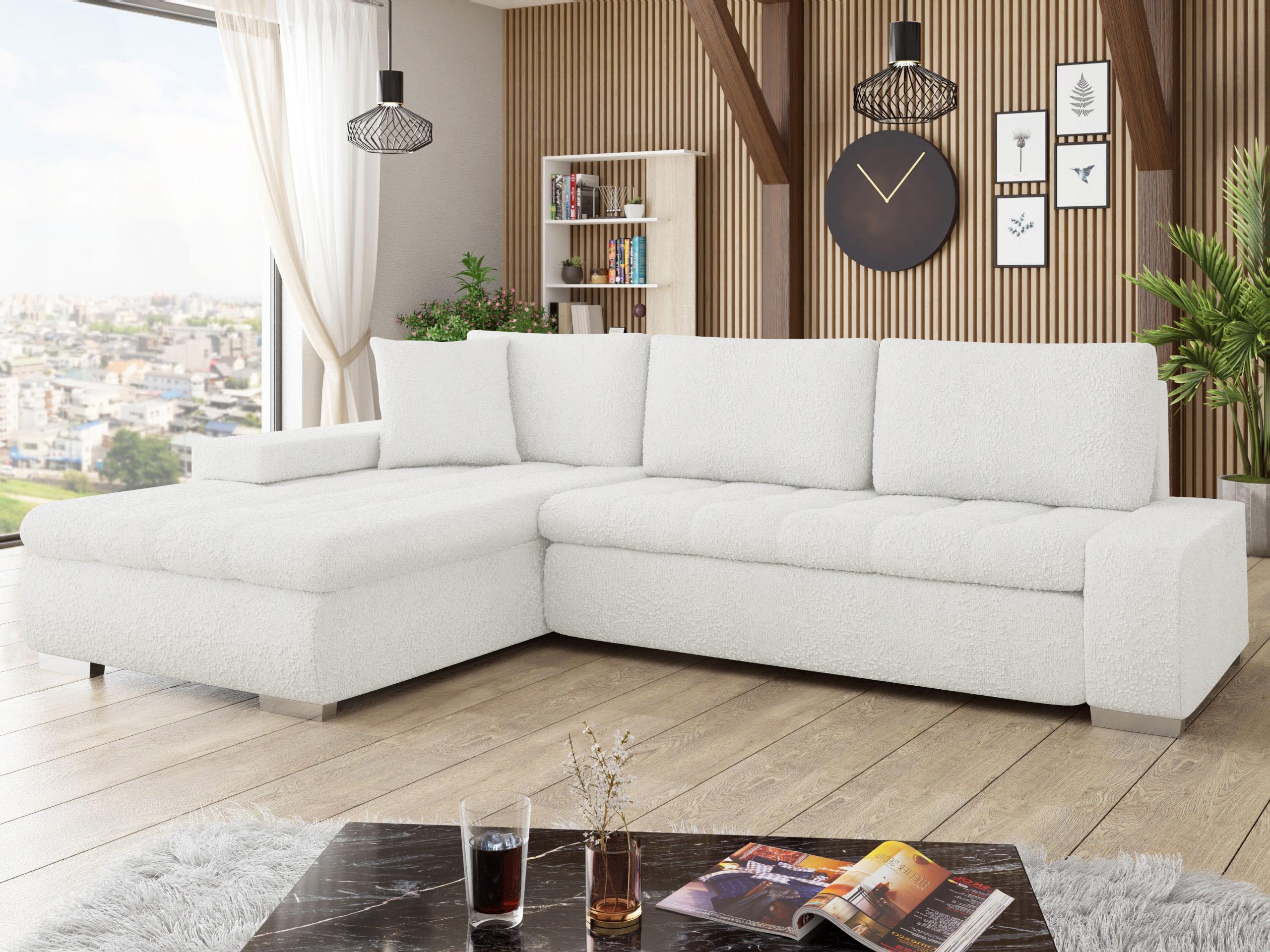 Mirjan24 Eckcouch Ecksofa Orkan Premium, Elegante Sofa mit Schlaffunktion und Bettfunktion, Bettkasten Couch L-Sofa, Ottomane Universal, Große Farbauswahl (Boucle Baloo 2073)