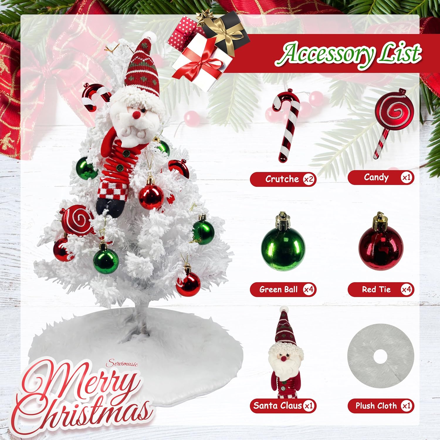 sunnyglade mini christmas tree, 24 inch/2 ft lighted tabletop artificial xmas tree with santa claus doll, tree skirt and decor ball with led for holiday home party decor