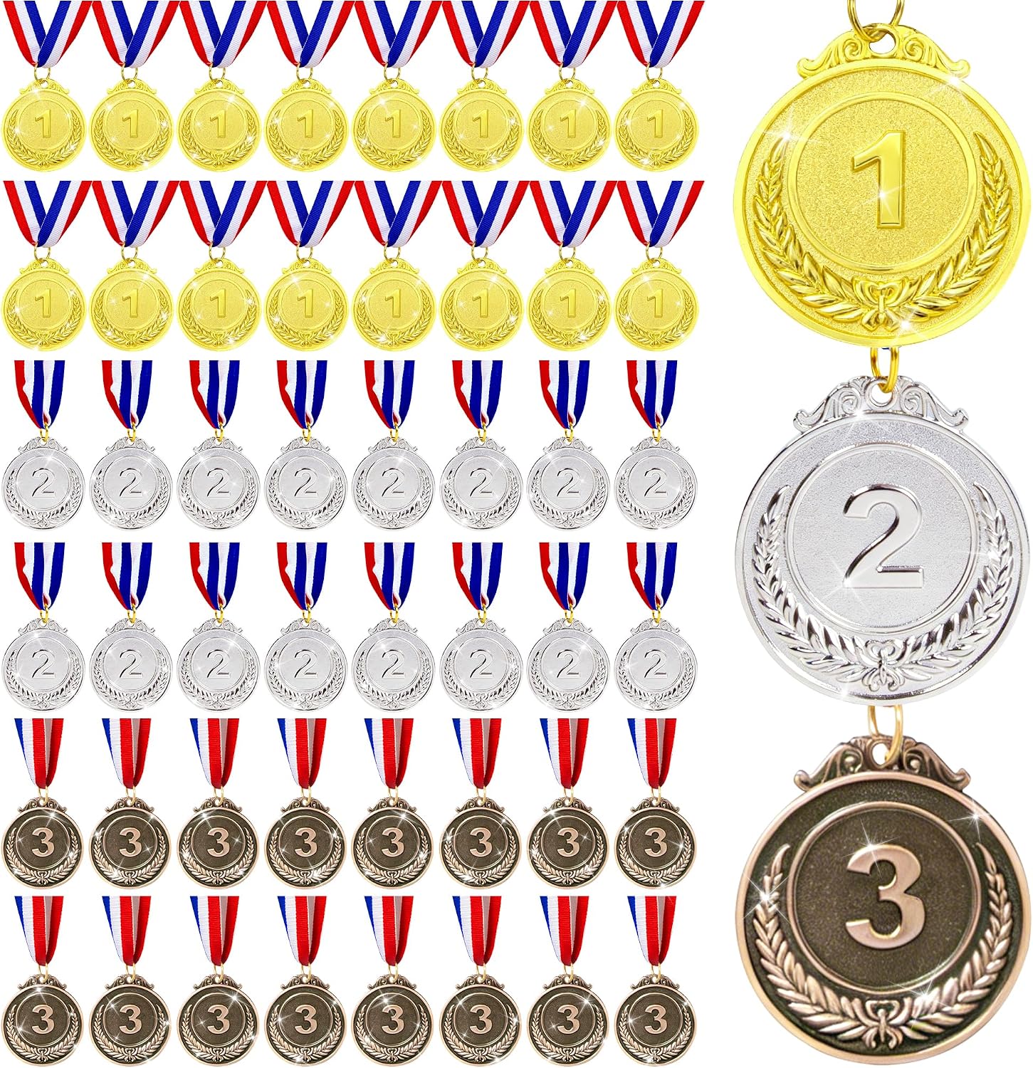 24/36/48/72/108 Pcs Gold Silver Bronze Award Medals, 2’’ Olympic Style Winner Medals Gold Silver Bronze Prizes with Ribbon for Sports Game Competitions Party Favors and Decorations