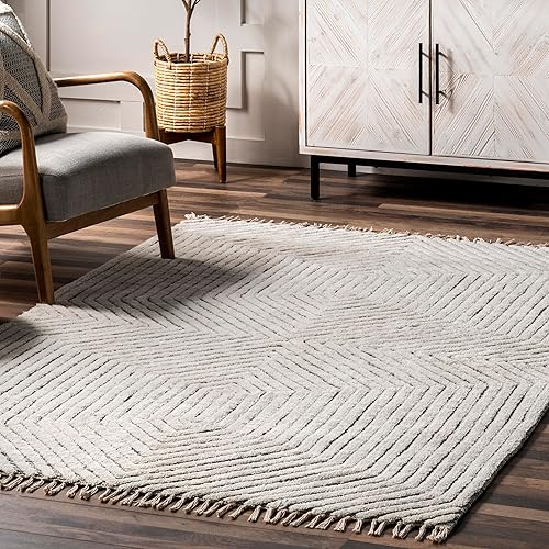 Miniatura 8 de nuLOOM Sherrell - Alfombra moderna con borlas altasbajas, 5 x 8, color marfil