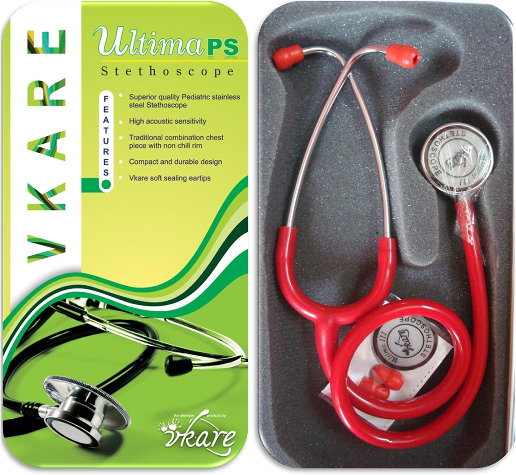 Vkare Pediatric Stainless Steel Stethoscope for Doctors Nurse Medical Students Practitioner Ultima PS (Red)