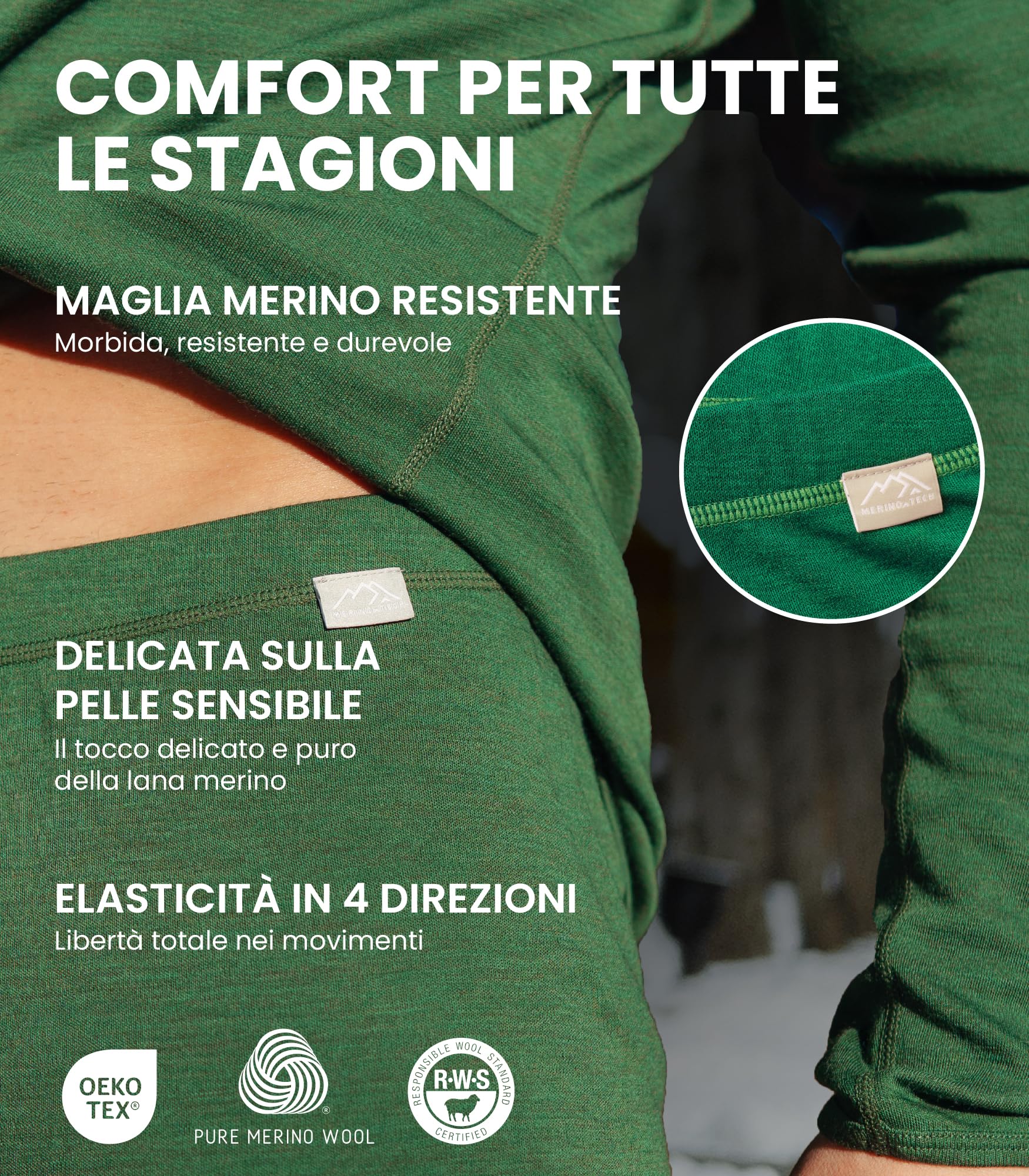 Merino.tech Pantaloni Termici Lana Merino Uomo - 100% Intimo Lana Merinos Uomo Leggero, Medio, Pesante con Calzini
