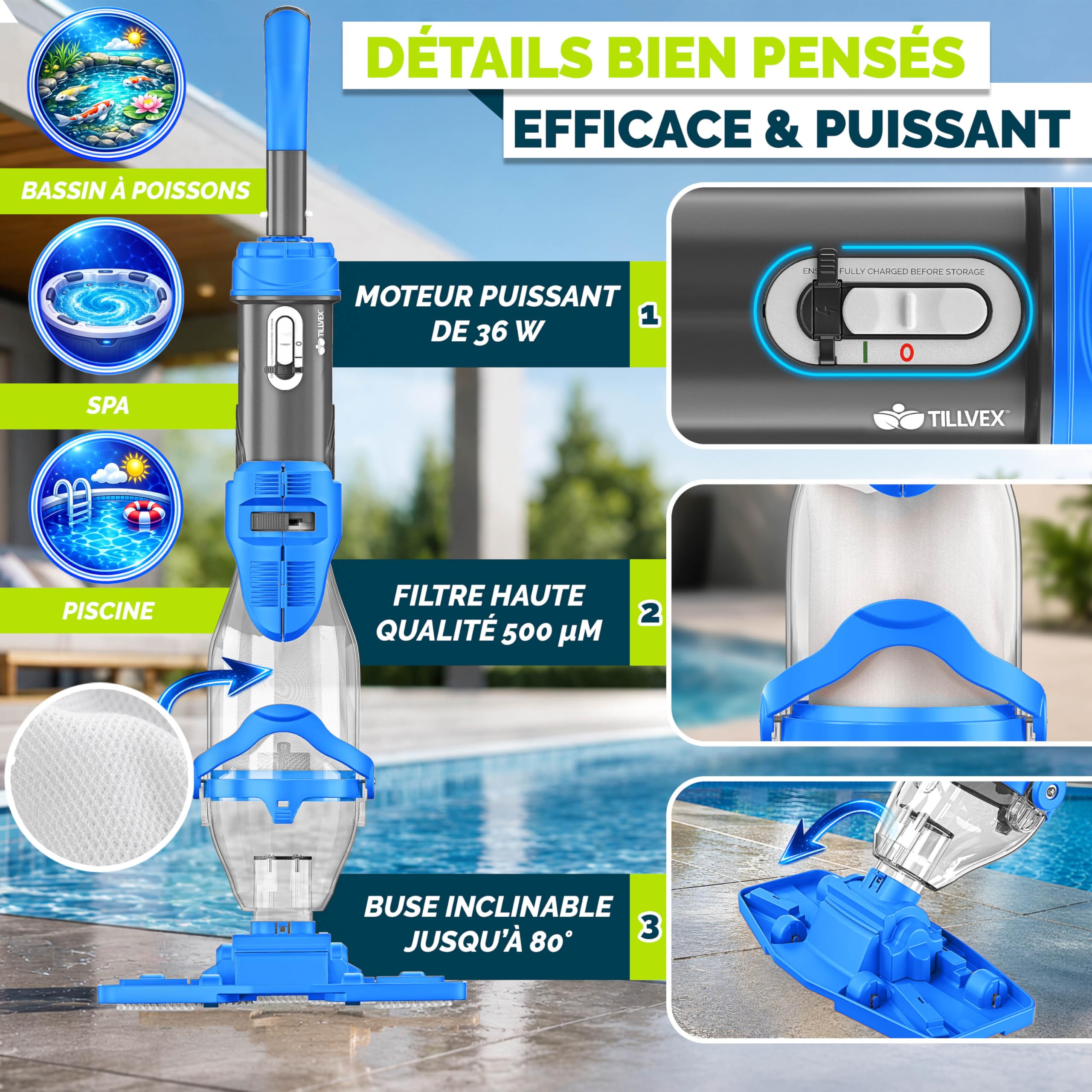 tillvex Aspirateur de Piscine avec Batterie & Manche télescopique + Filtre | Aspirateur de Piscine électrique | Nettoyeur de Piscine avec Filtre & autonomie de 60 Min (Bleu/Gris)