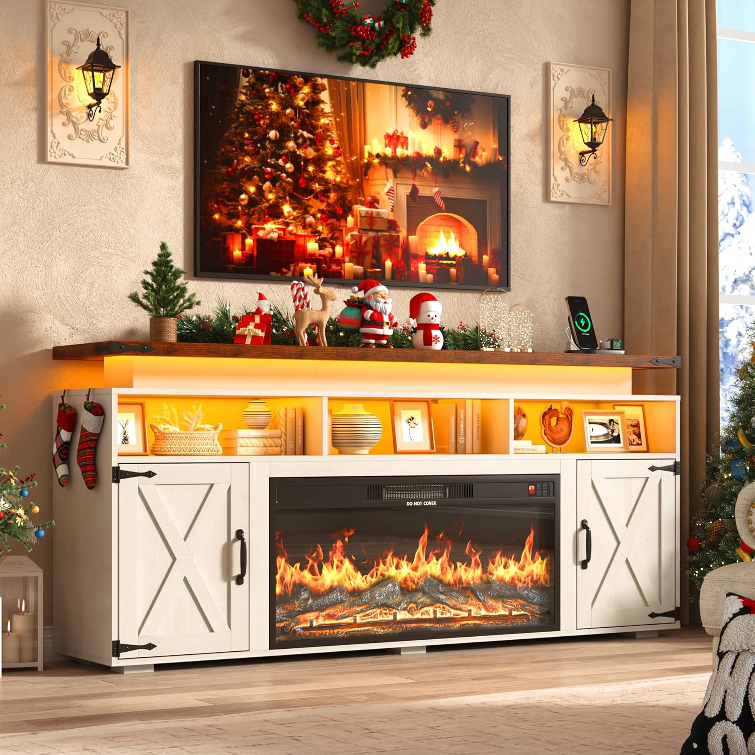 Farmhouse Fireplace TV Stand w/Power Outlet for 75/80 Inch TV, 32" Tall Entertainment Center w/ 36" Electric Fireplace,LED Light, Rustic Media Console w/Sliding Barn Door for Living Room,Antique White