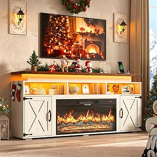 Farmhouse Fireplace TV Stand w/Power Outlet for 75/80 Inch TV, 32" Tall Entertainment Center w/ 36" Electric Fireplace,LED Light, Rustic Media Console w/Sliding Barn Door for Living Room,Antique White