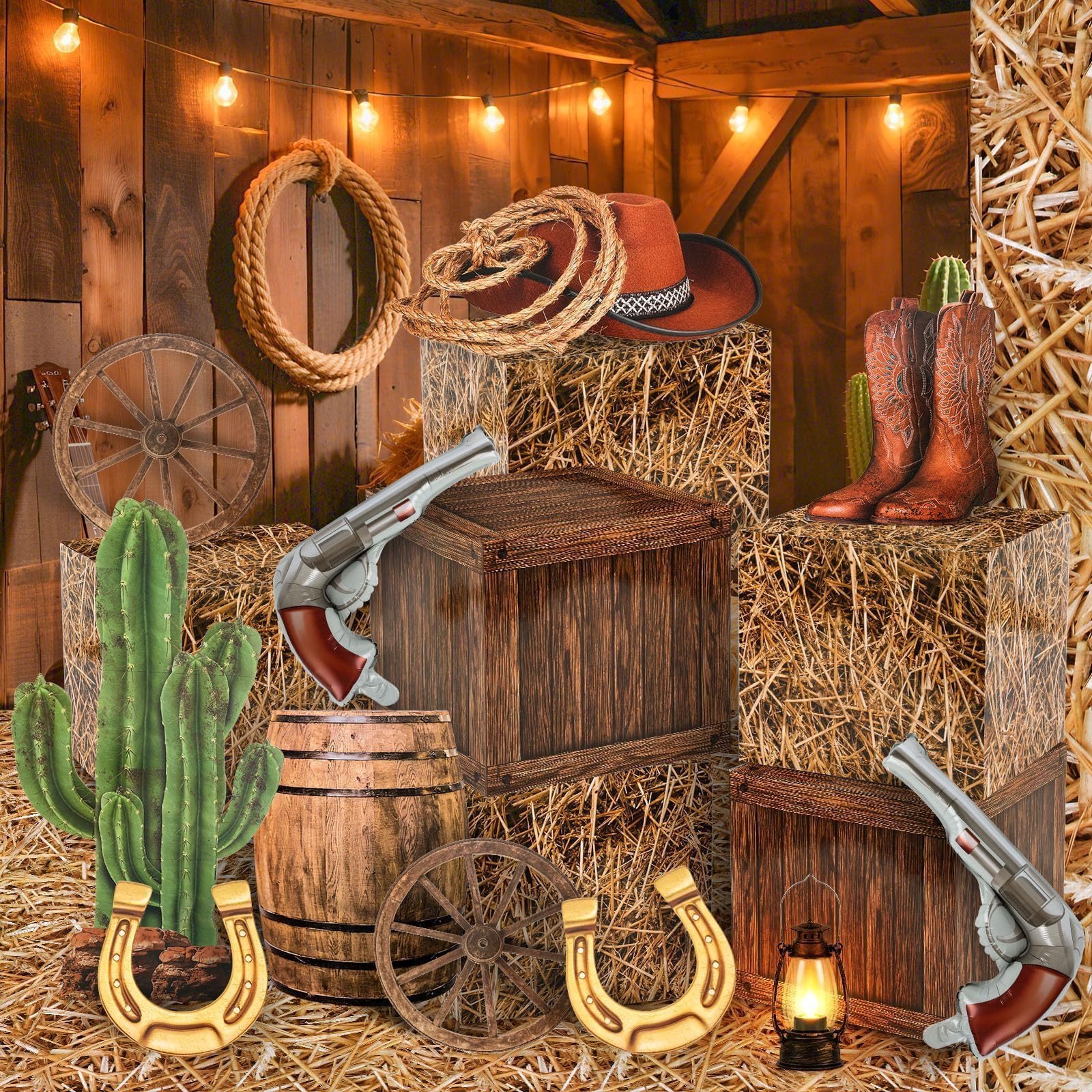YLOLUL Set di 18 decorazioni per feste con cowboy occidentale, 6 scatole di balle di fieno, 2 ruote in legno, 10 centrotavola da cowboy occidentale, decorazioni per cabina fotografica, cowgirl, feste