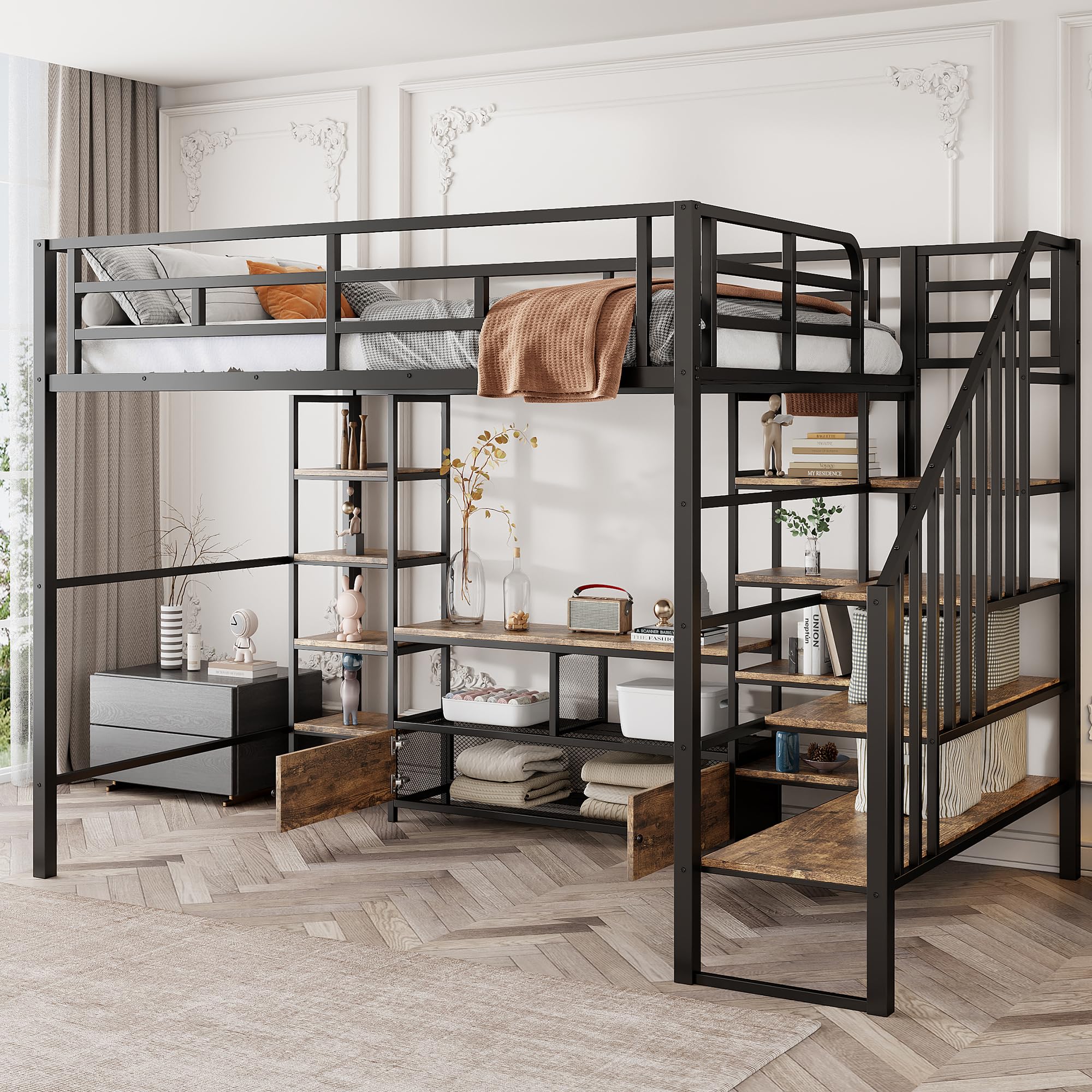 SOFTSEA Full Size Loft Bed with Stairs and Low Storage Table, Heavy-Duty High Loft Bed Frame with Shelves and Safety Guardrail, Black