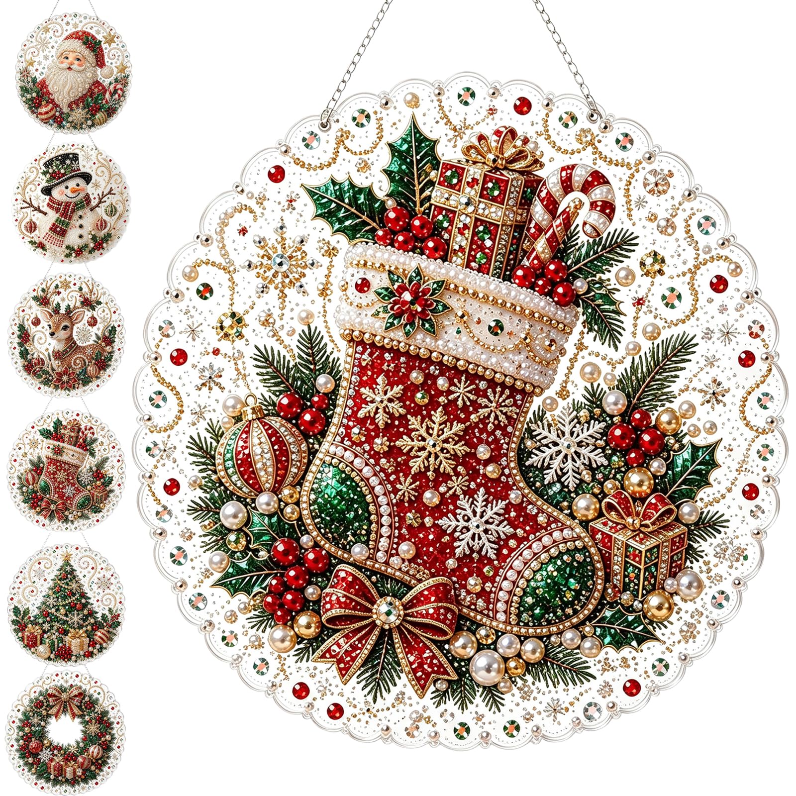 Christmas Pearl Diamond Painting Suncatcher Kit – DIY Pearl Art Kits for Adults, 5D Round Drill Holiday Window Decor, Relaxing Creative Craft Gift for Beginners ，Christmas stocking