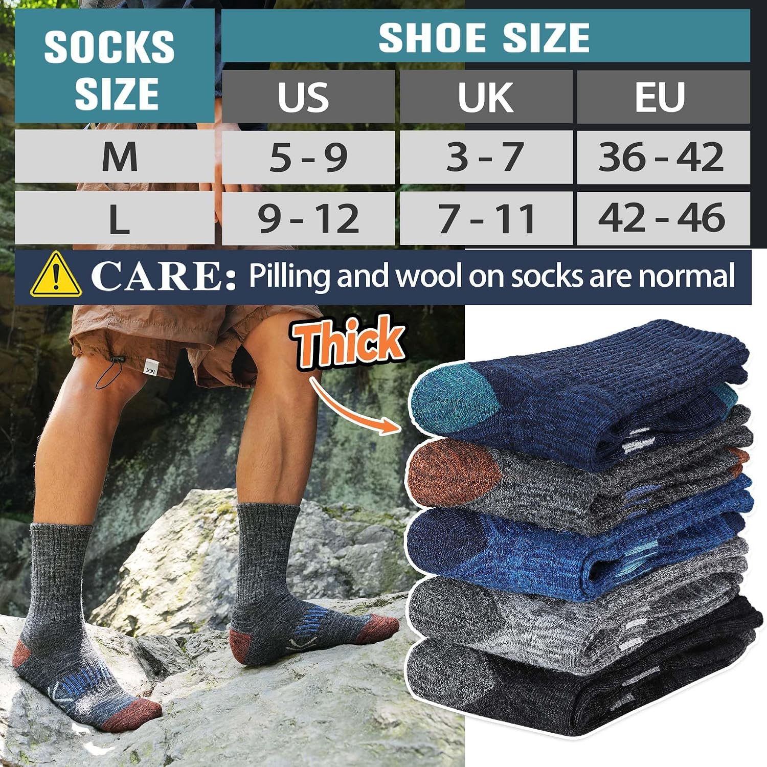 Merino Wool Hiking Socks Thermal Winter Warm Cozy Cushioned Moisture Wicking Crew Socks for Men 5 Pairs