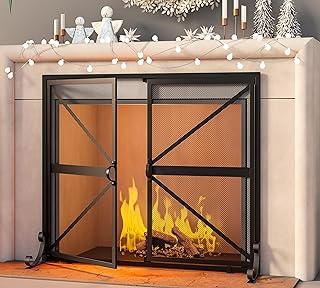 Fire Beauty Fireplace Screen with Doors, 2-Pannel Handcrafted Solid Wrought Iron Decorative Mesh,Baby Safe Proof Firewood Burning Stove Accessories(Black) - Buy now