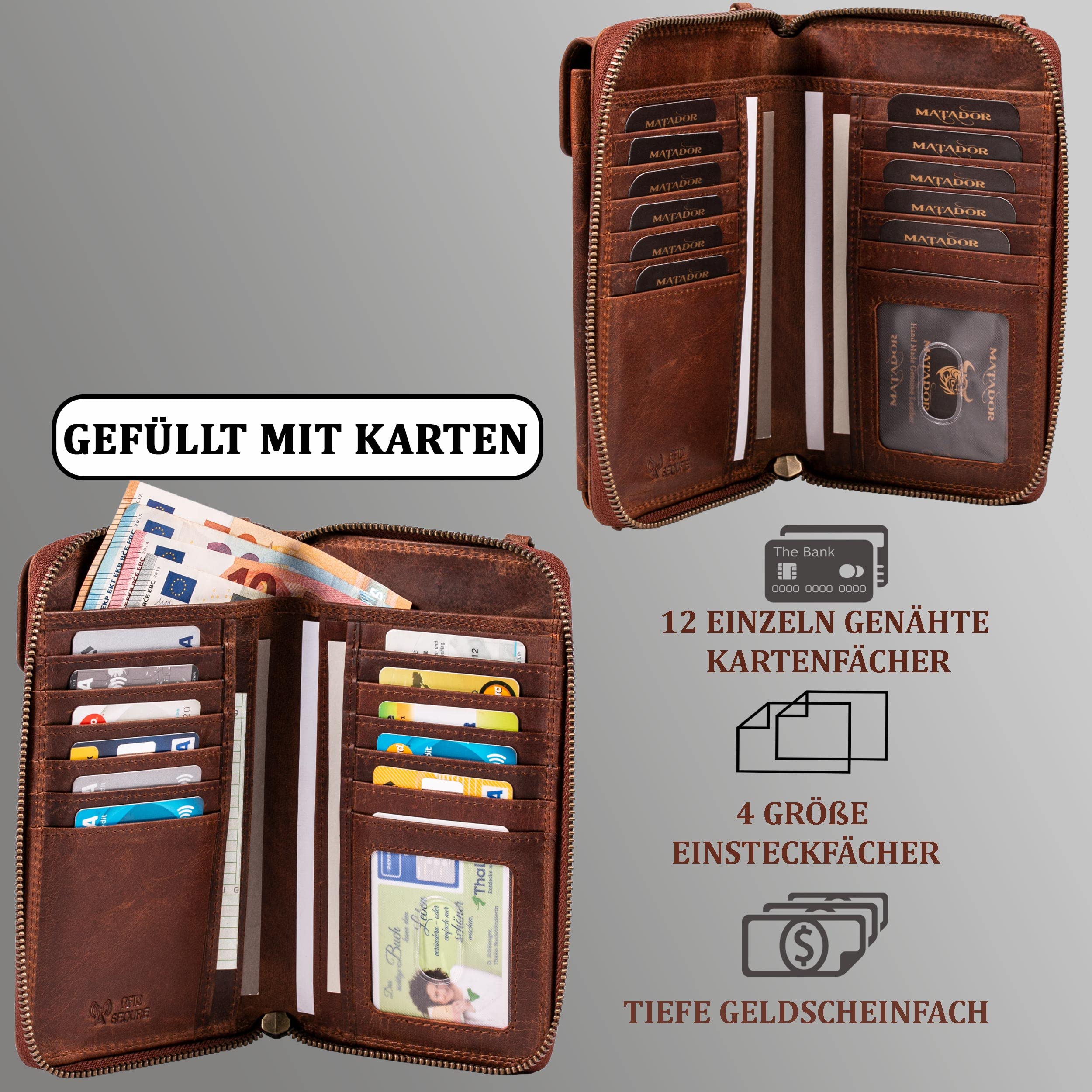 MATADOR 2in1 Echt Leder Umhängetasche Geldbörse mit Handytasche zum Umhängen Mittelgroß mit abnehmbarem Schultergurt| Strandtasche Damen-Umhängetaschen Leder mit RFID NFC Schutz Blocker & Geschenk Box
